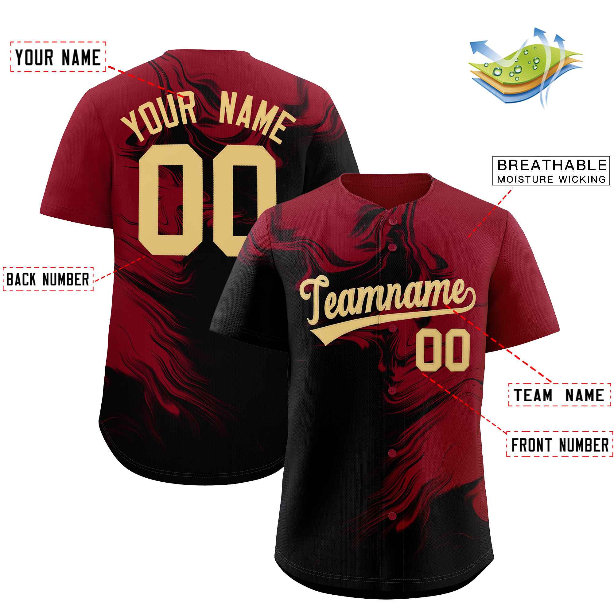 Custom Crimson Black Personalized Ink Pattern Authentic Baseball Jersey| KXKSHOP