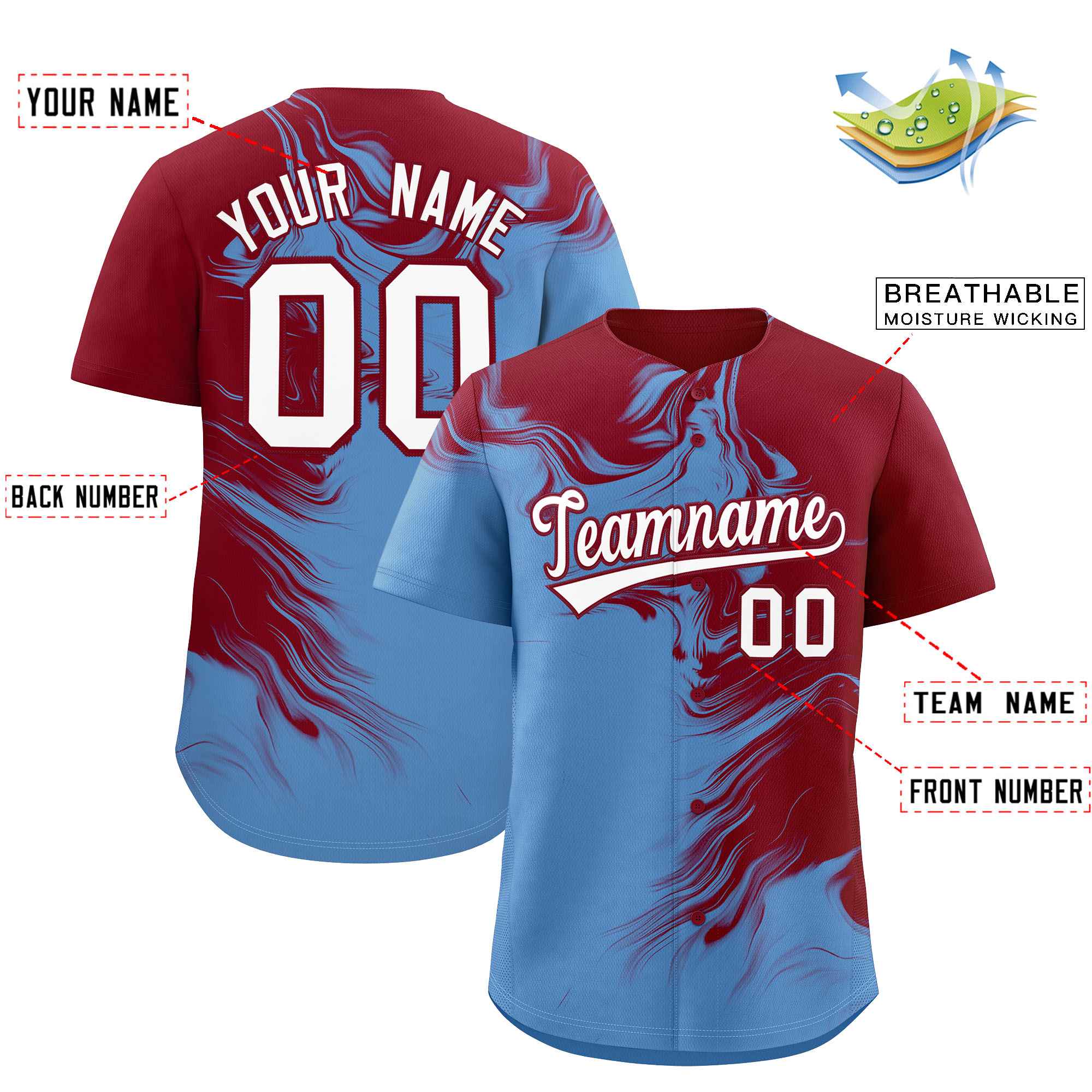 Custom Crimson Powder Blue Personalized Ink Pattern Authentic Baseball Jersey| KXKSHOP