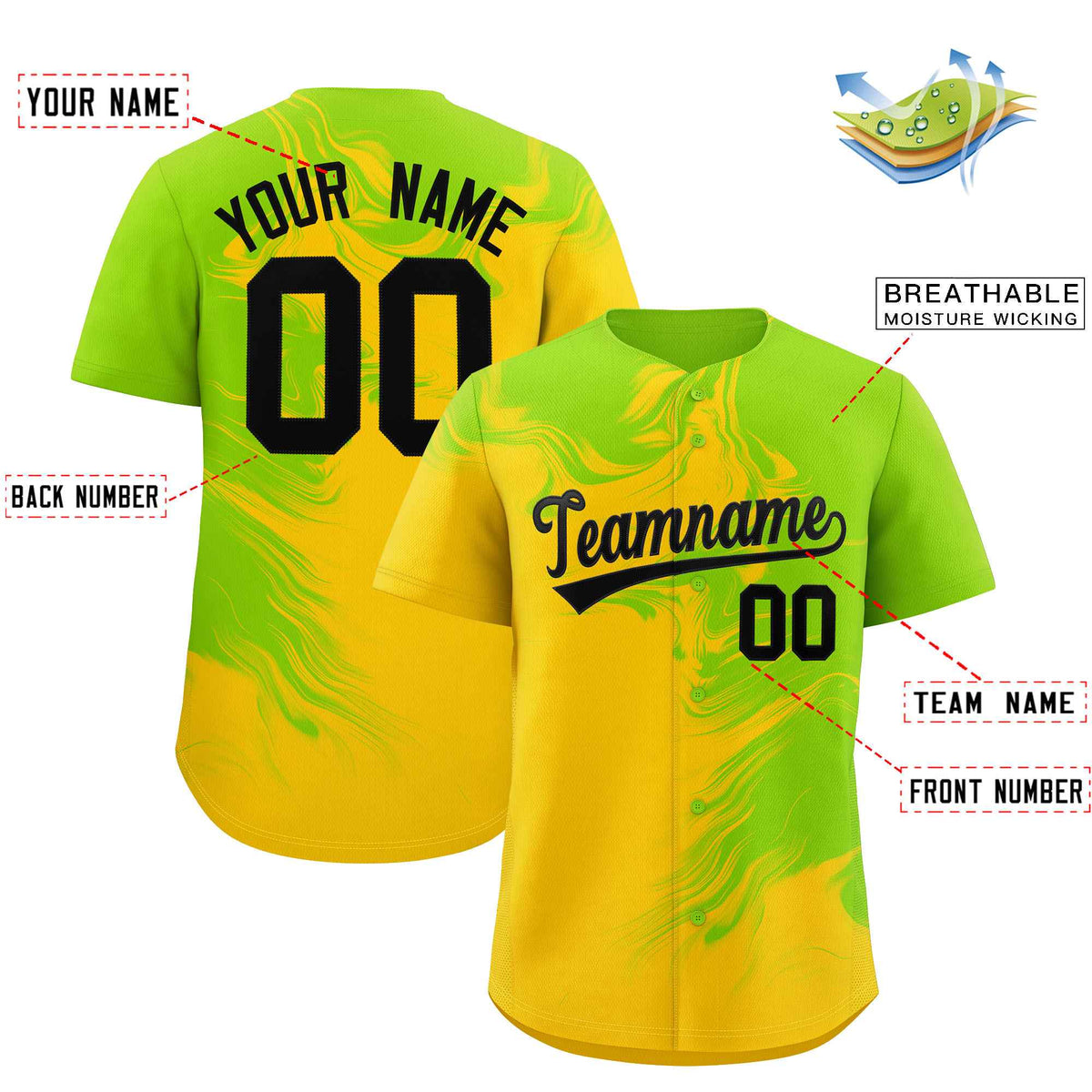 Custom Neon Green Gold Personalized Ink Pattern Authentic Baseball Jersey| KXKSHOP