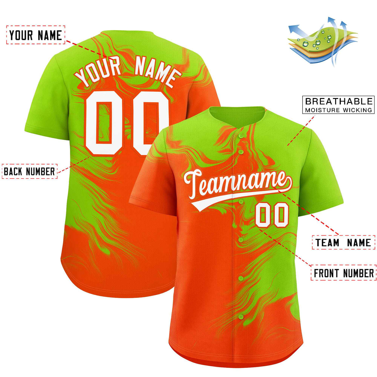 Custom Neon Green Orange Personalized Ink Pattern Authentic Baseball Jersey| KXKSHOP