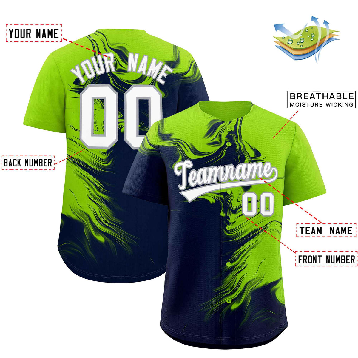Custom Neon Green Navy Personalized Ink Pattern Authentic Baseball Jersey| KXKSHOP