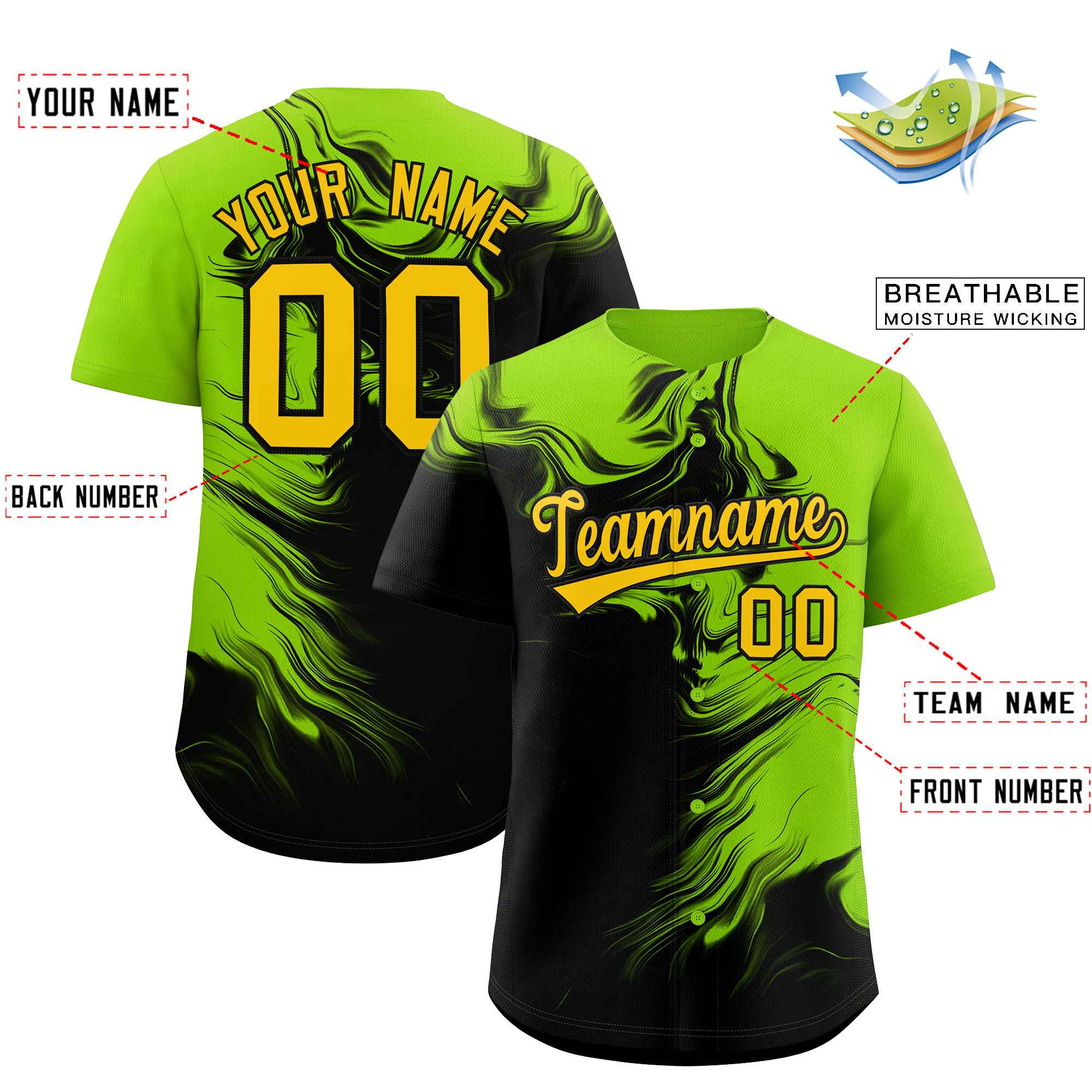 Custom Neon Green Black Personalized Ink Pattern Authentic Baseball Jersey| KXKSHOP