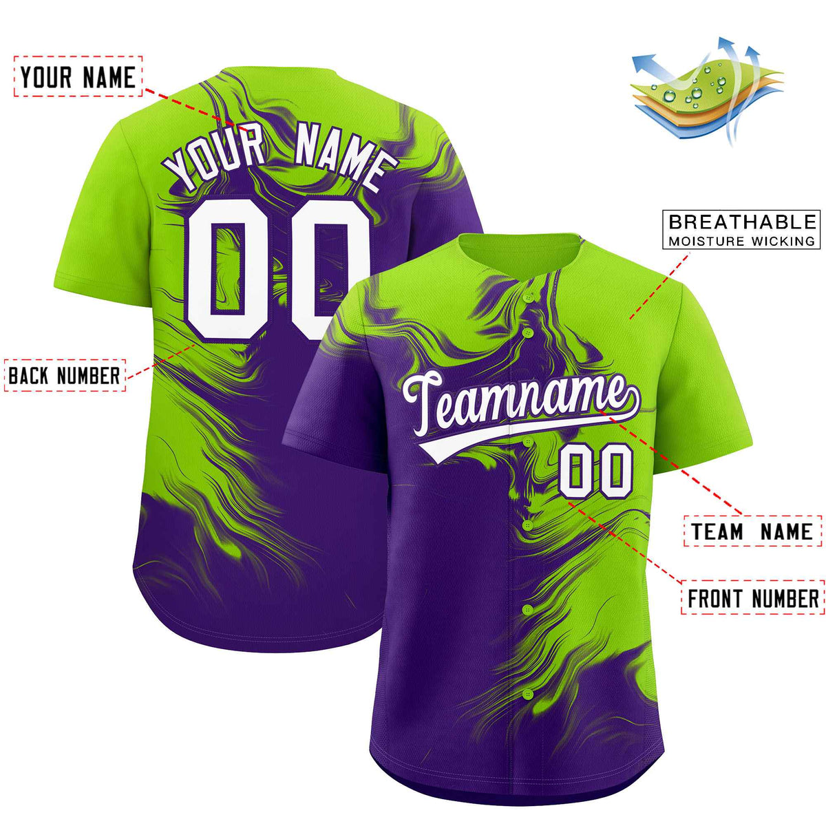 Custom Neon Green Purple Personalized Ink Pattern Authentic Baseball Jersey| KXKSHOP