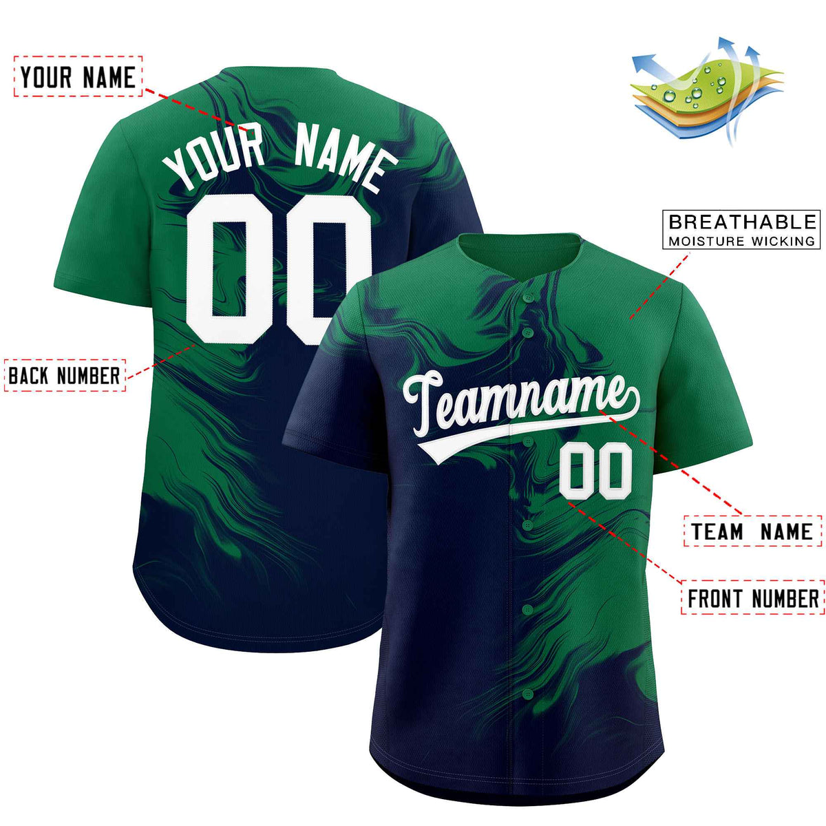 Custom Kelly Green Navy Personalized Ink Pattern Authentic Baseball Jersey| KXKSHOP