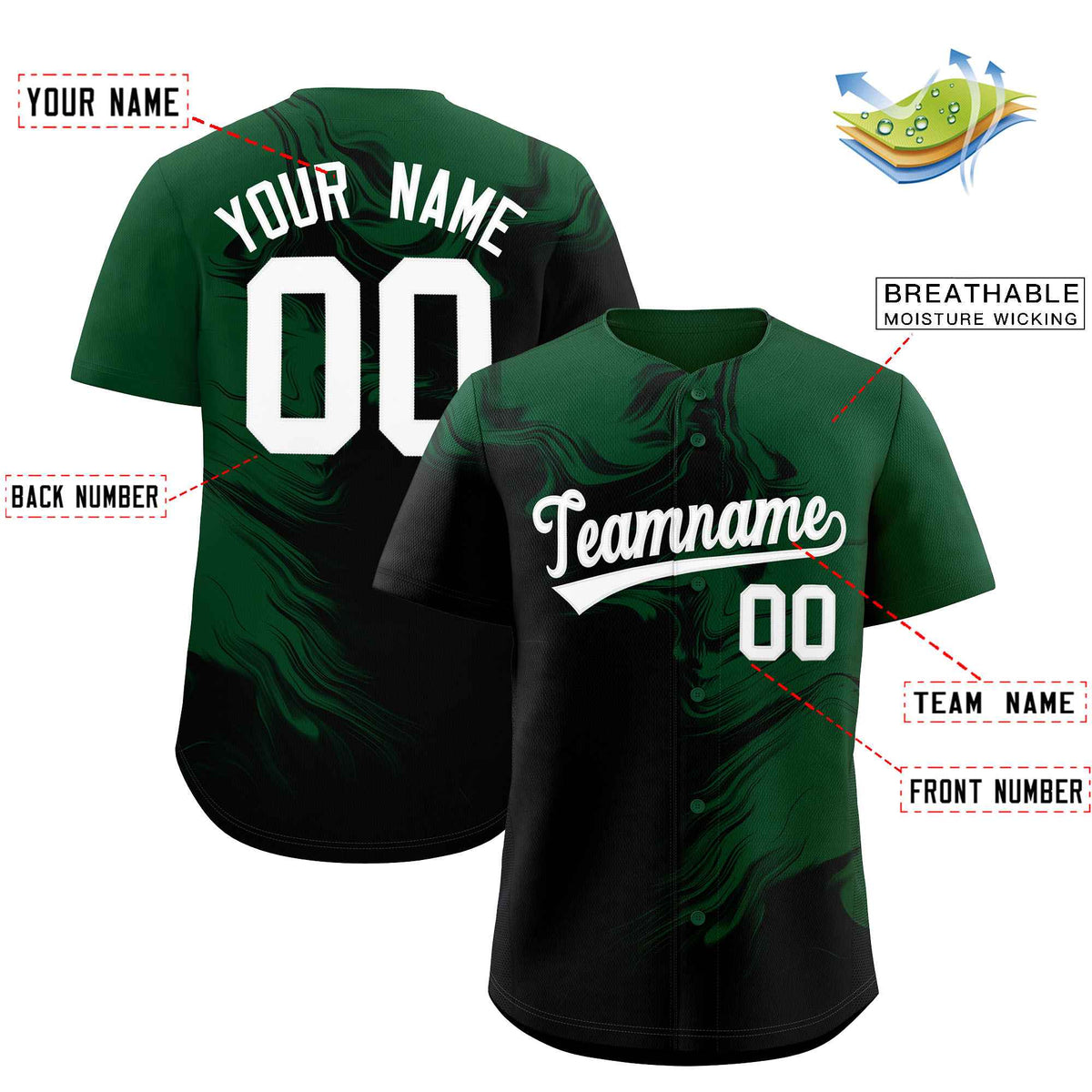 Custom Green Black Personalized Ink Pattern Authentic Baseball Jersey| KXKSHOP