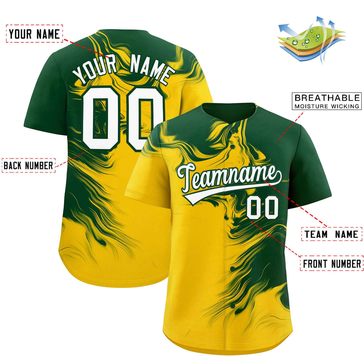 Custom Green Gold Personalized Ink Pattern Authentic Baseball Jersey| KXKSHOP