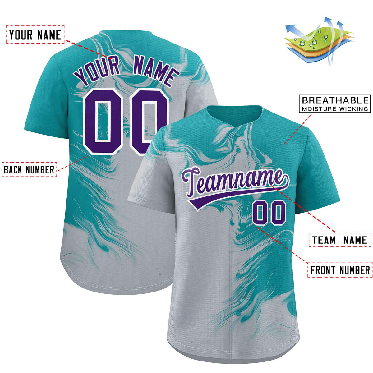 Custom Aqua Gray Personalized Ink Pattern Authentic Baseball Jersey| KXKSHOP