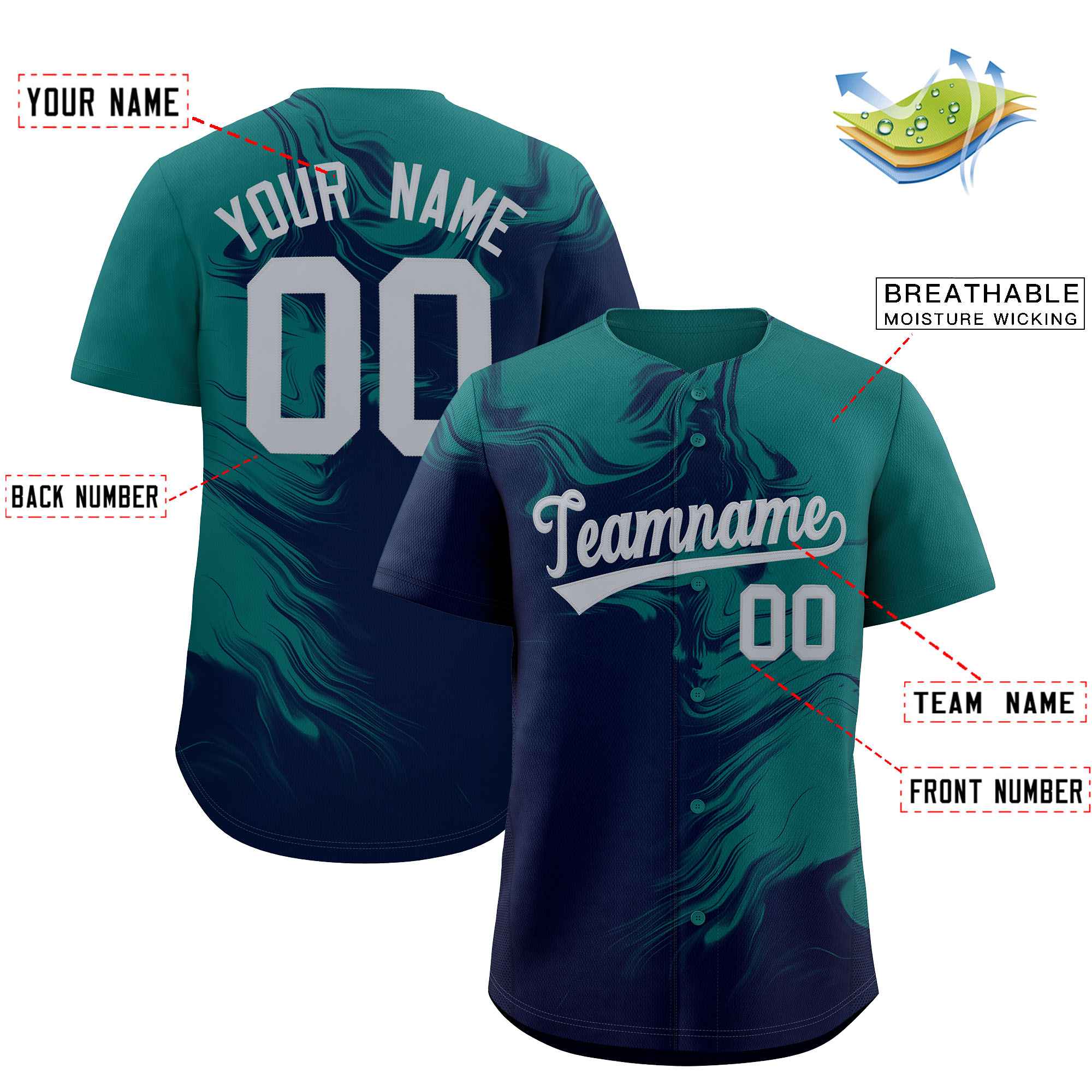 Custom Aqua Navy Personalized Ink Pattern Authentic Baseball Jersey| KXKSHOP