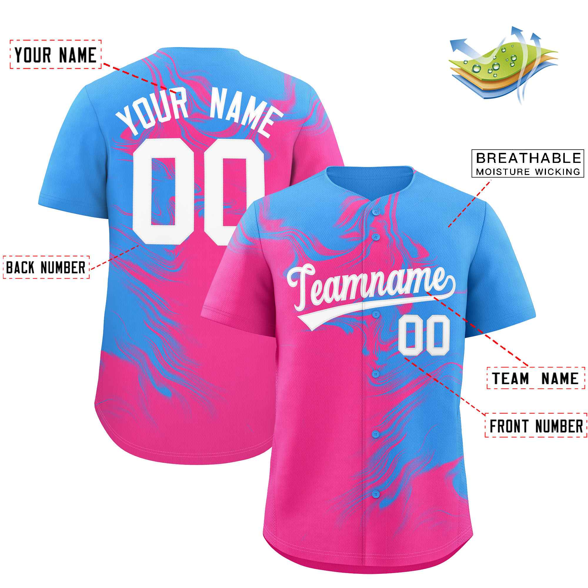 Custom Powder Blue Pink Personalized Ink Pattern Authentic Baseball Jersey| KXKSHOP