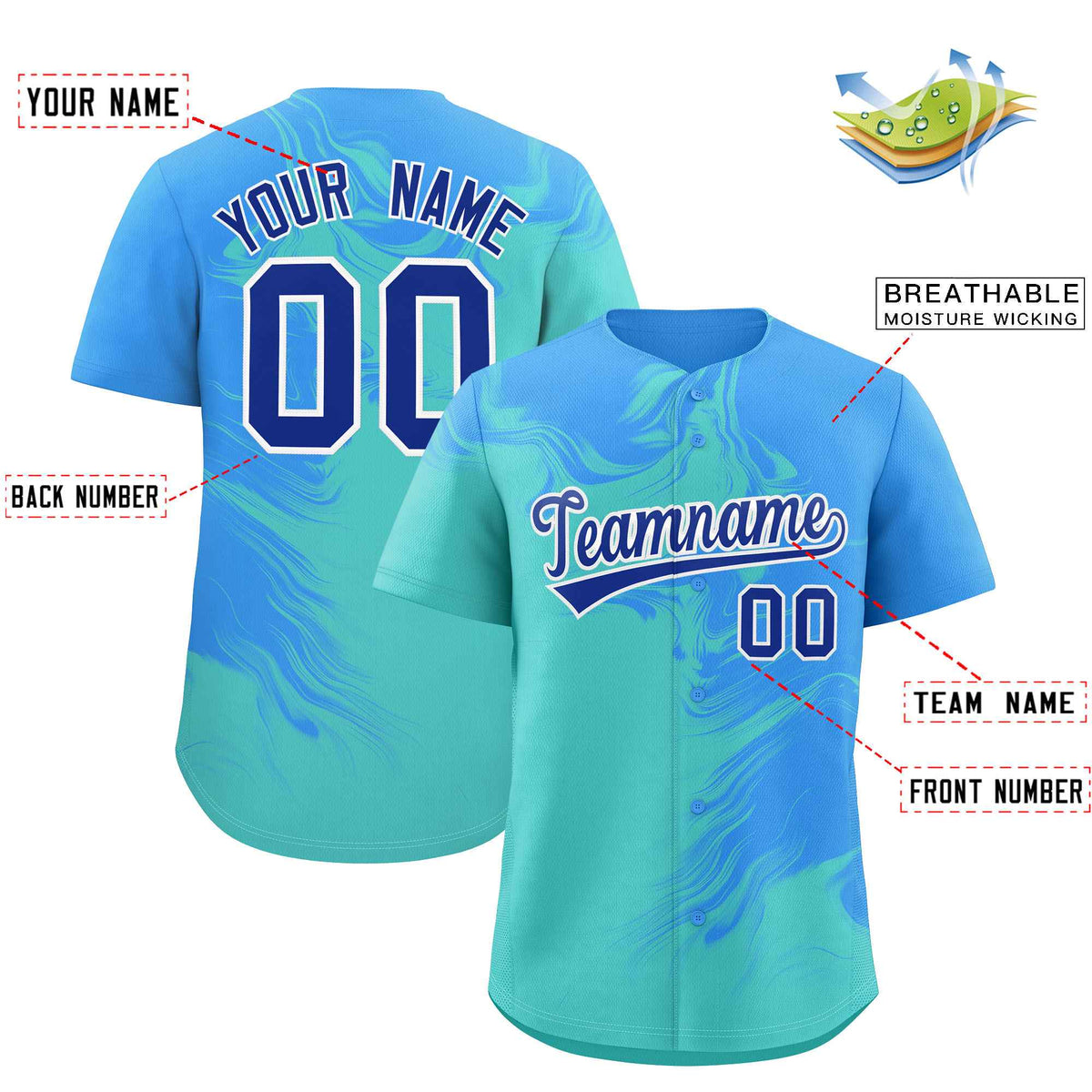 Custom Powder Blue Bright Green Personalized Ink Pattern Authentic Baseball Jersey| KXKSHOP
