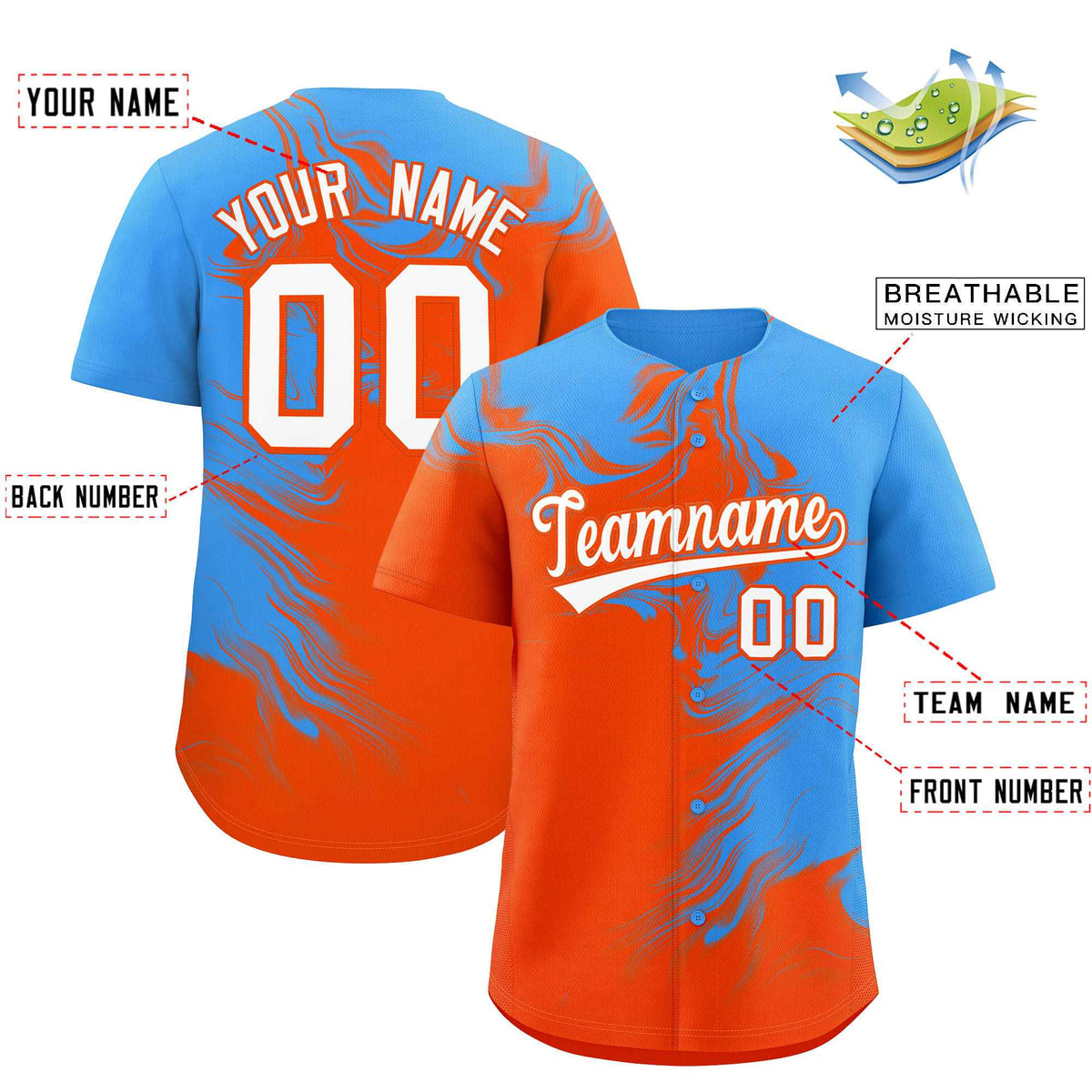 Custom Powder Blue Orange Personalized Ink Pattern Authentic Baseball Jersey| KXKSHOP