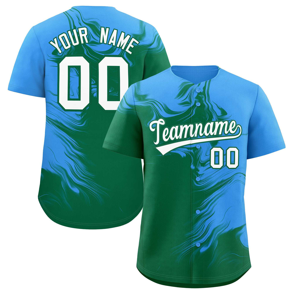 Custom Powder Blue Kelly Green Personalized Ink Pattern Authentic Baseball Jersey| KXKSHOP