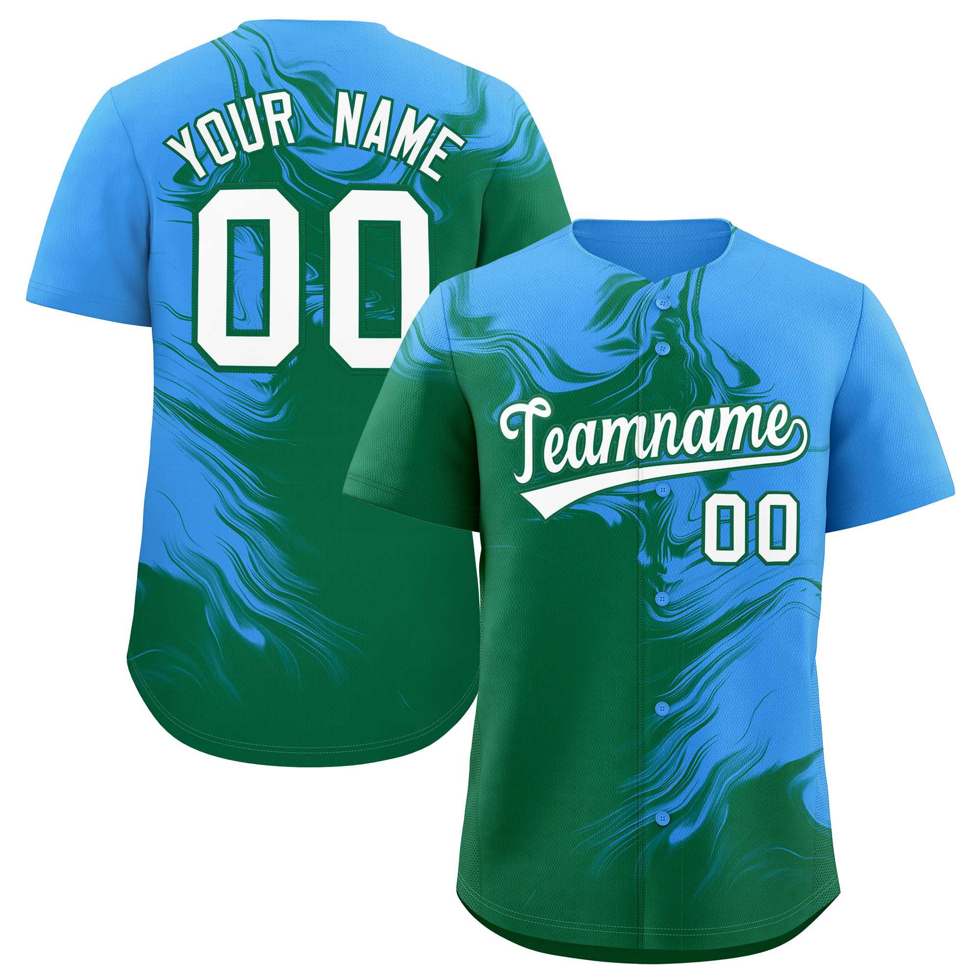 Custom Powder Blue Kelly Green Personalized Ink Pattern Authentic Baseball Jersey| KXKSHOP