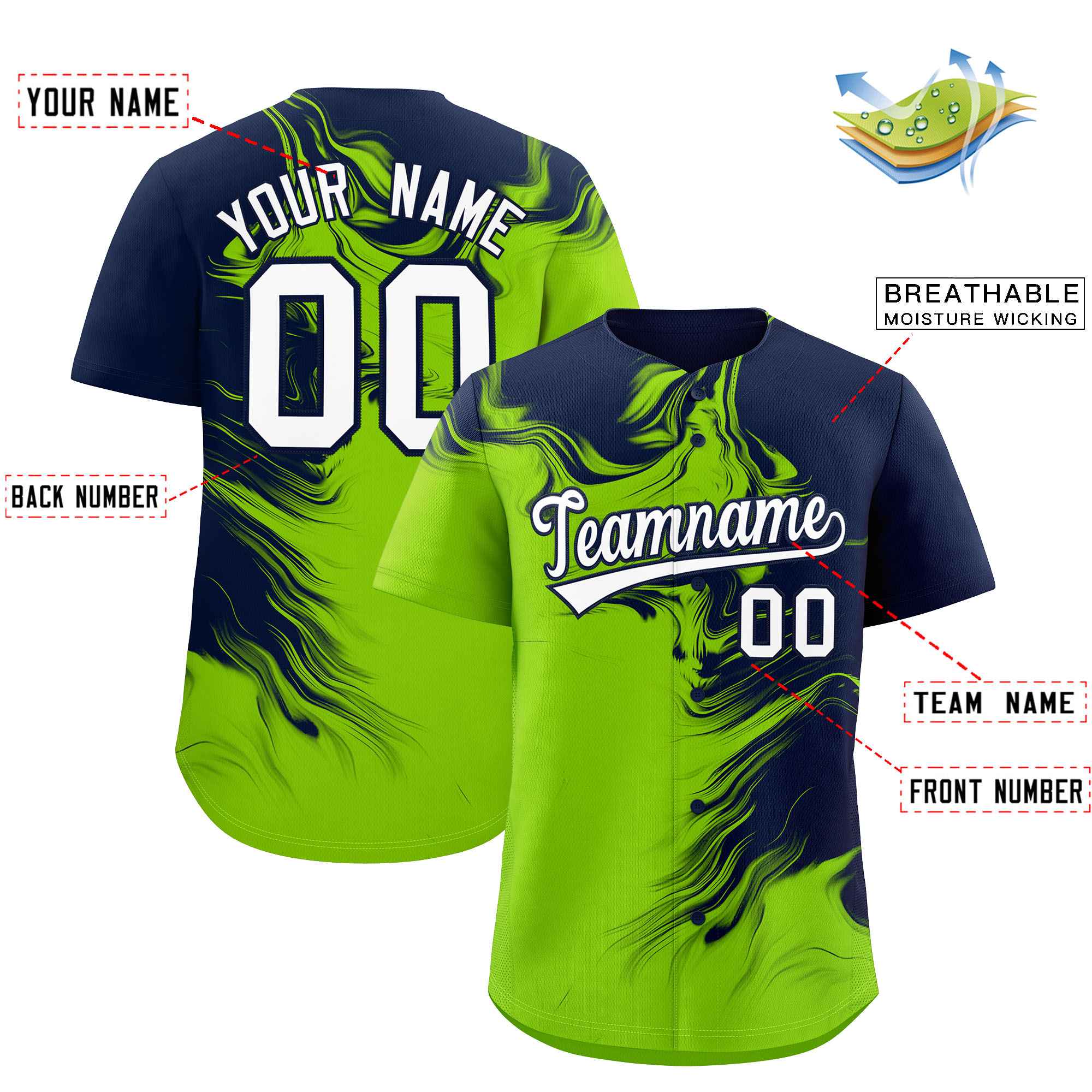 Custom Navy Neon Green Personalized Ink Pattern Authentic Baseball Jersey| KXKSHOP