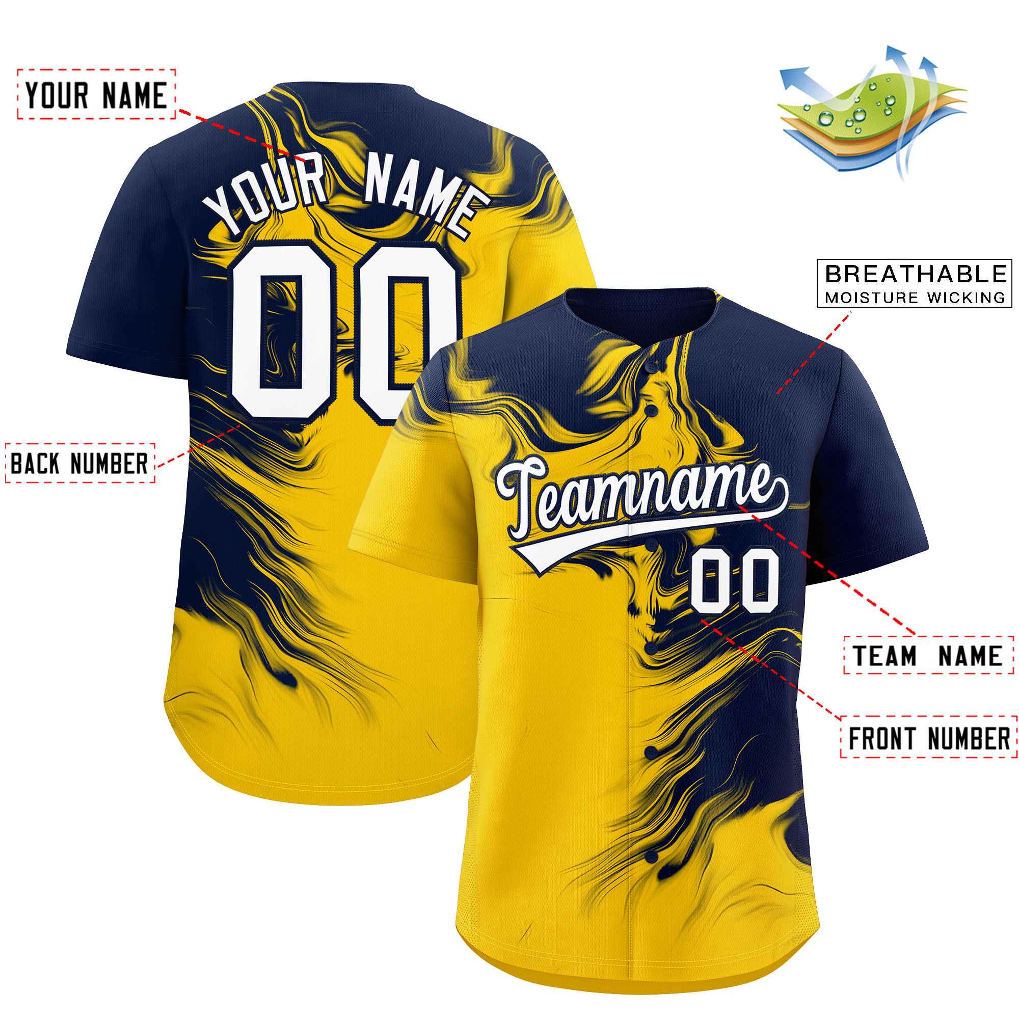 Custom Navy Gold Personalized Ink Pattern Authentic Baseball Jersey| KXKSHOP