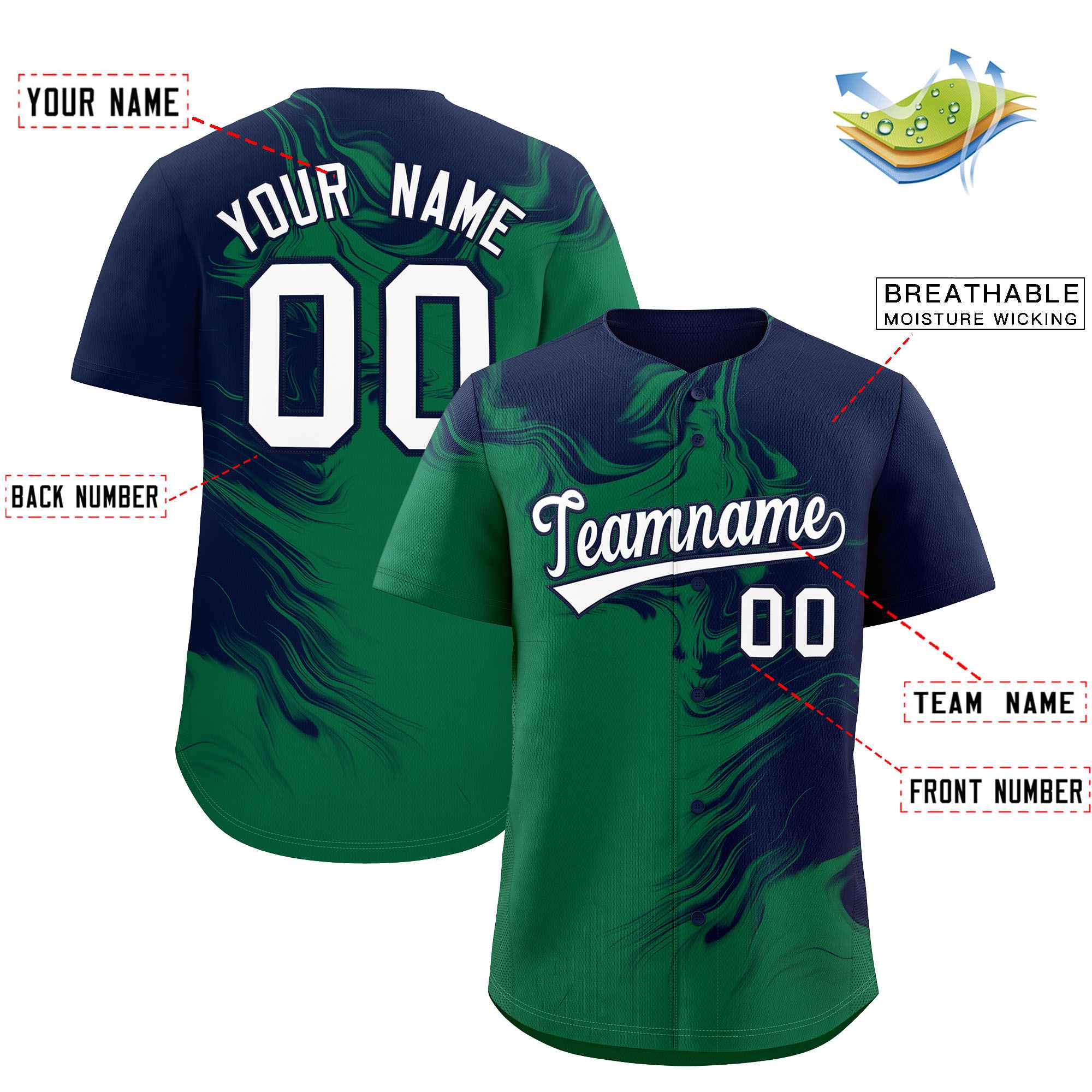 Custom Navy Kelly Green Personalized Ink Pattern Authentic Baseball Jersey| KXKSHOP