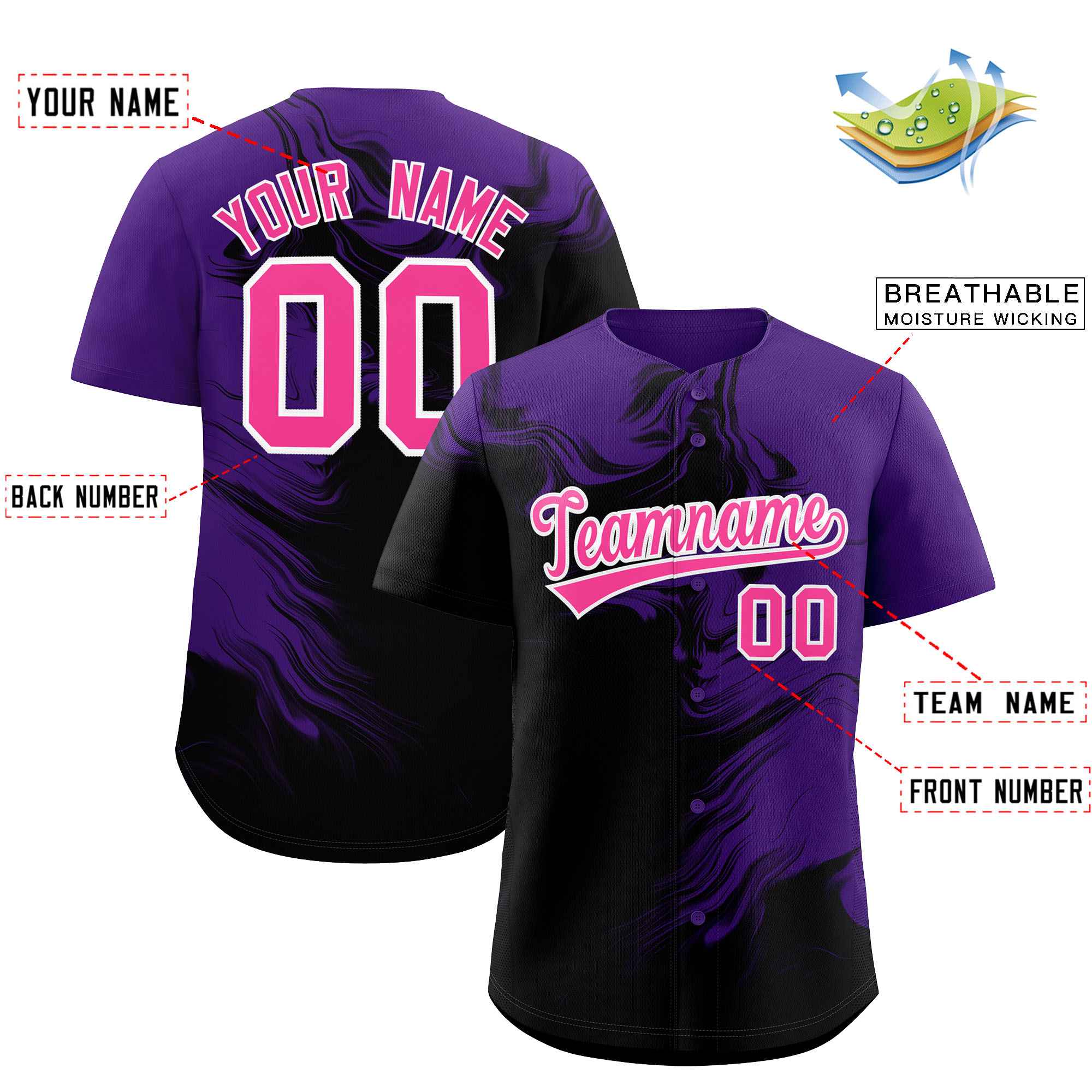 Custom Purple Black Personalized Ink Pattern Authentic Baseball Jersey| KXKSHOP