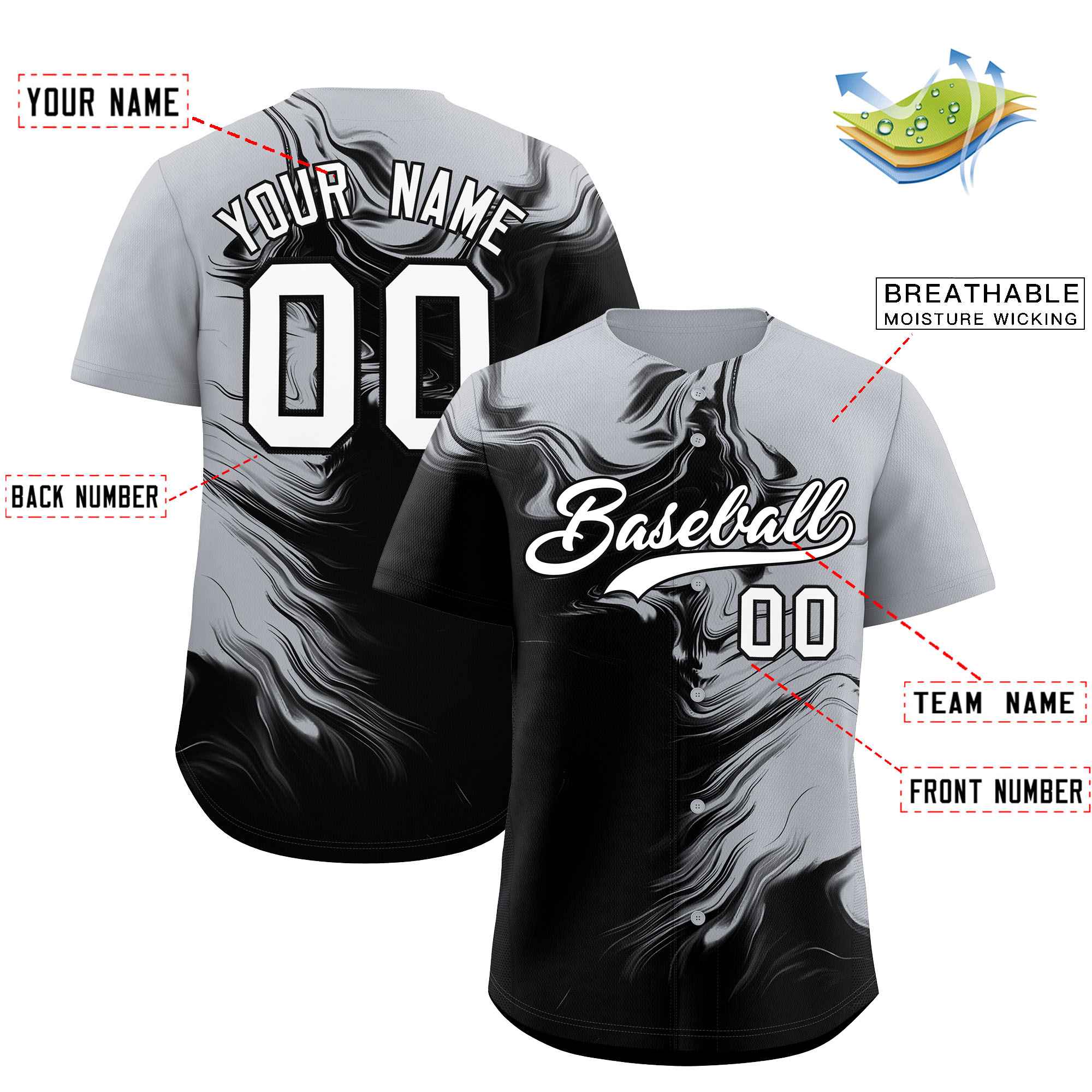 Custom Gray Black Personalized Ink Pattern Authentic Baseball Jersey| KXKSHOP