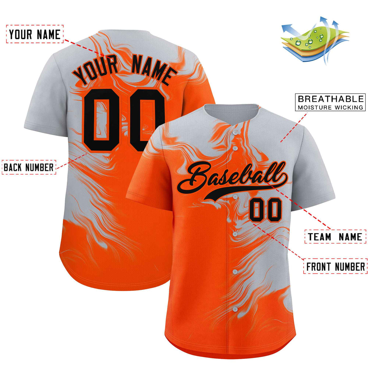 Custom Gray Orange Personalized Ink Pattern Authentic Baseball Jersey| KXKSHOP