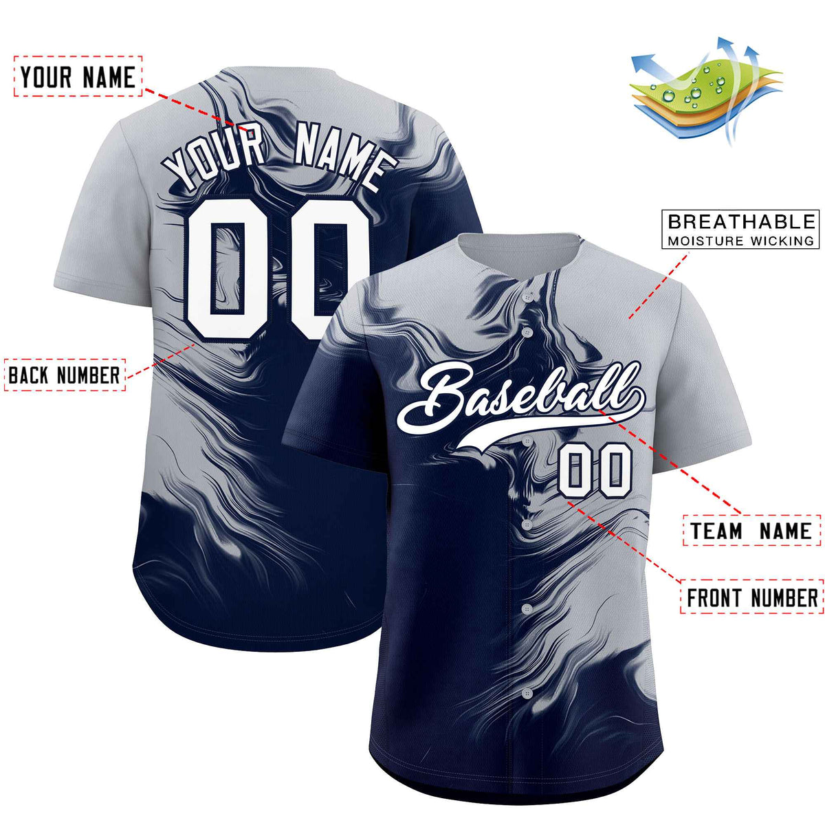 Custom Gray Navy Personalized Ink Pattern Authentic Baseball Jersey| KXKSHOP