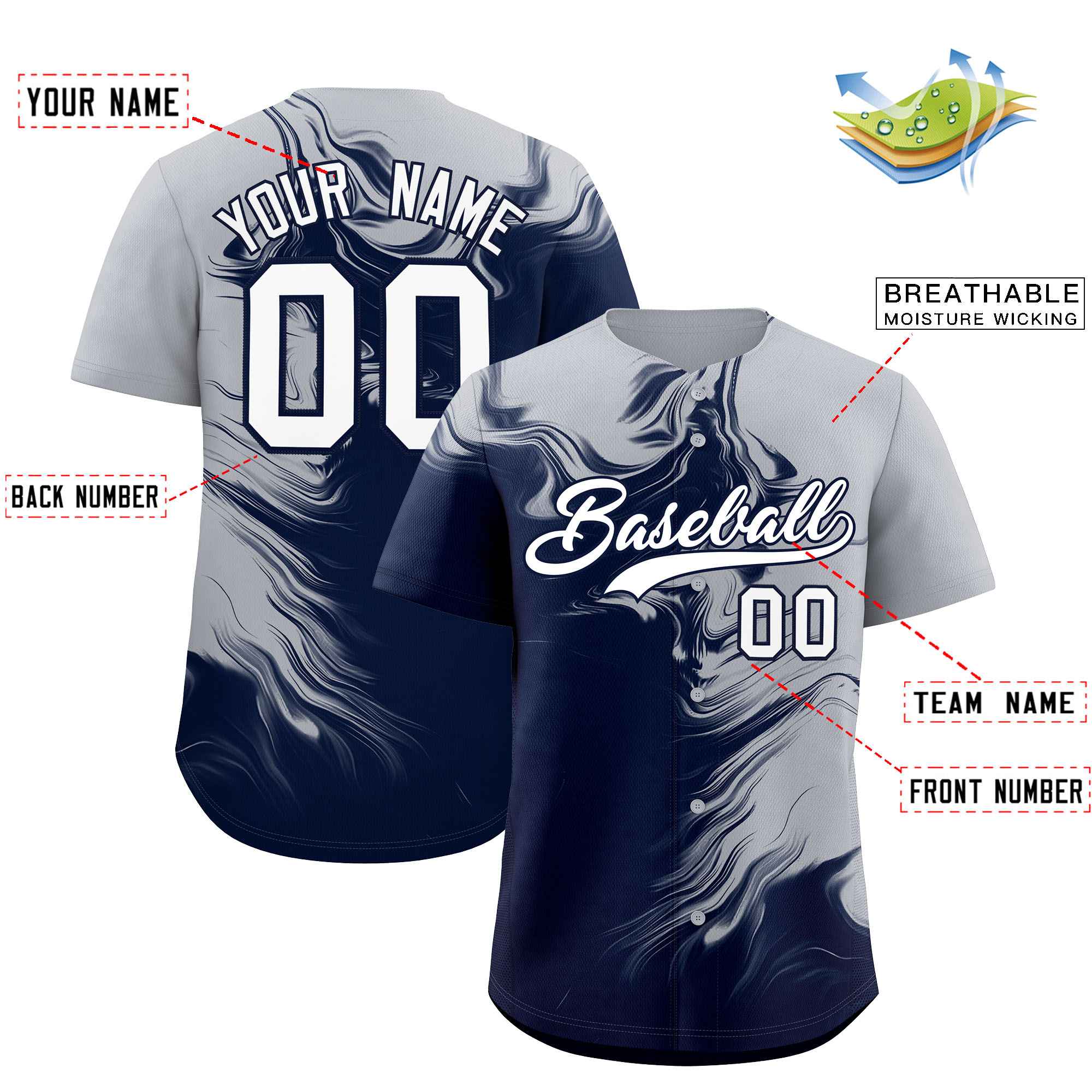 Custom Gray Navy Personalized Ink Pattern Authentic Baseball Jersey| KXKSHOP