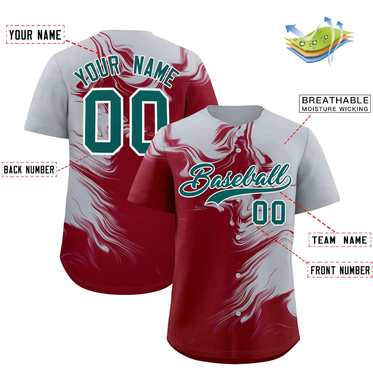 Custom Gray Crimson Personalized Ink Pattern Authentic Baseball Jersey| KXKSHOP