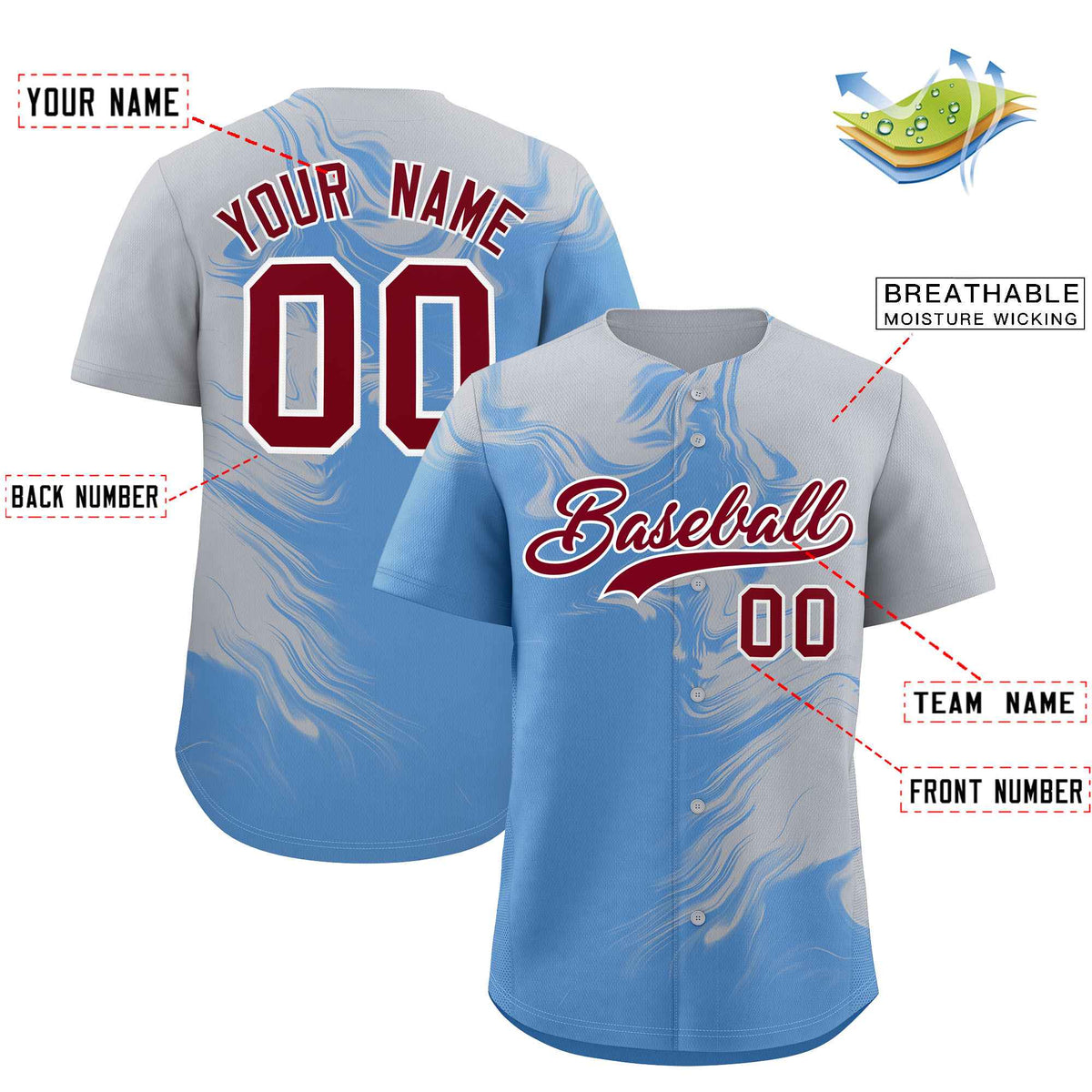 Custom Gray Powder Blue Personalized Ink Pattern Authentic Baseball Jersey| KXKSHOP