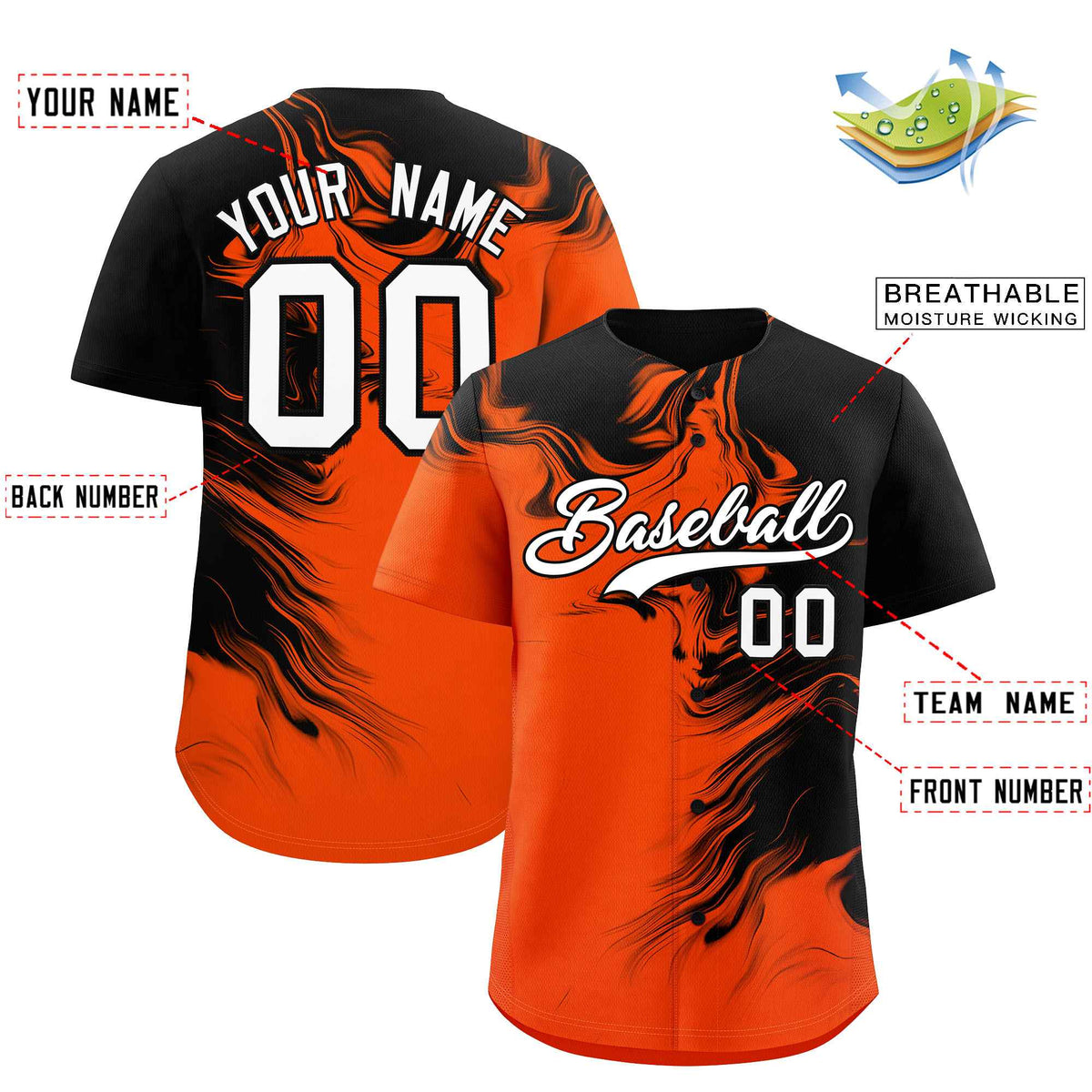 Custom Black Orange Personalized Ink Pattern Authentic Baseball Jersey| KXKSHOP