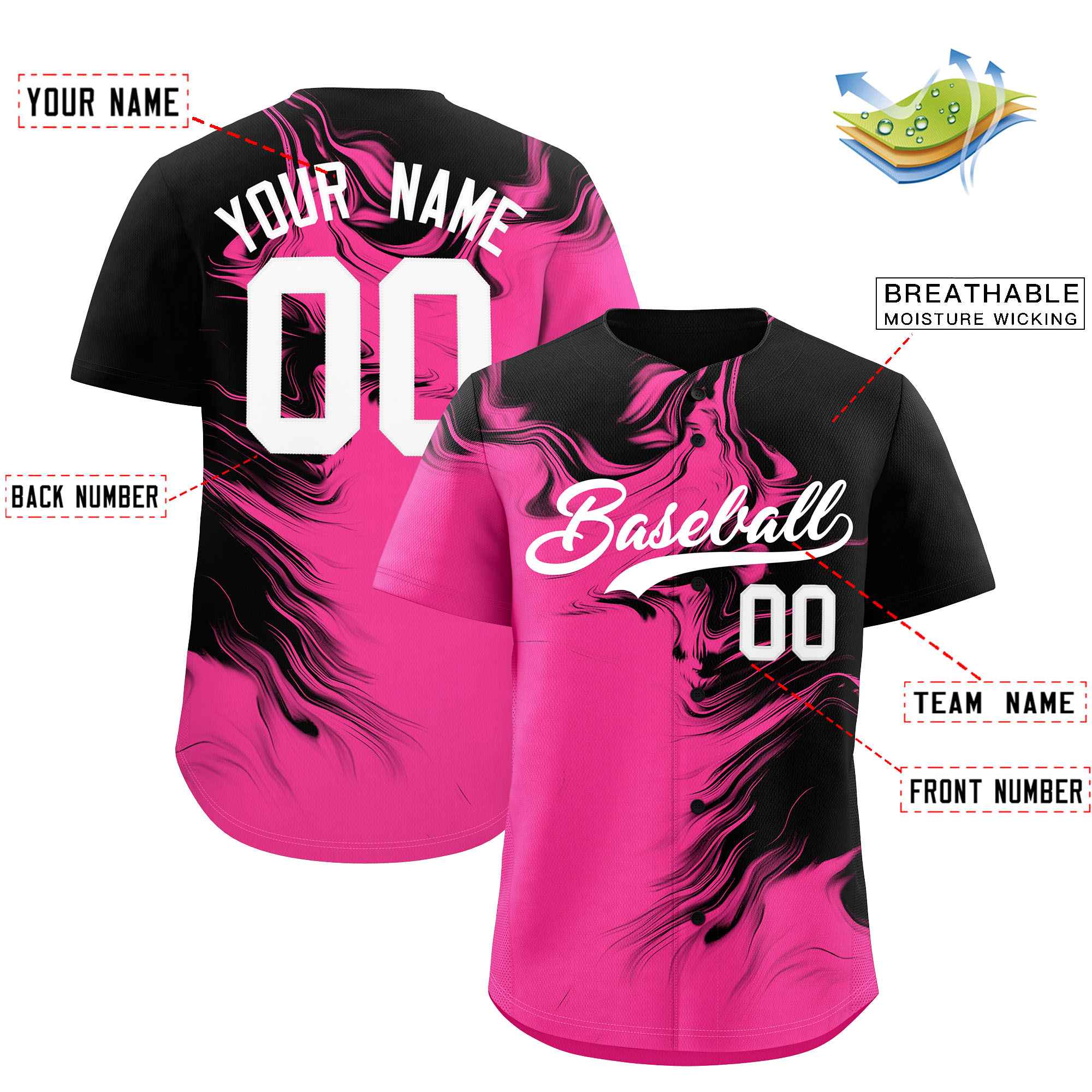 Custom Black Pink Personalized Ink Pattern Authentic Baseball Jersey| KXKSHOP