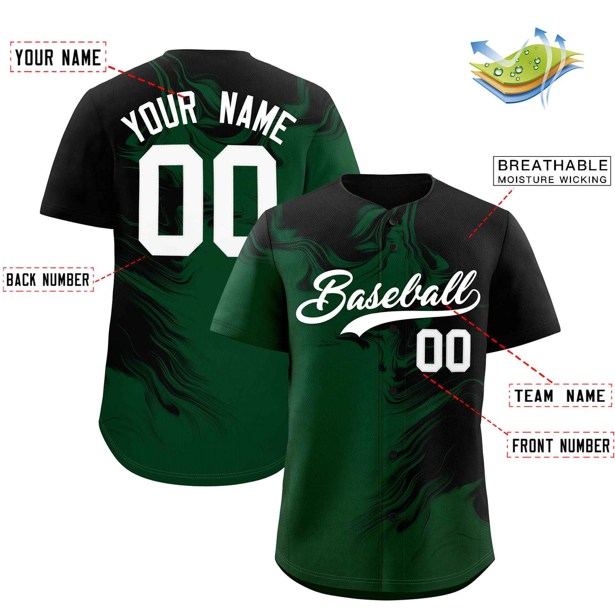 Custom Black Green Personalized Ink Pattern Authentic Baseball Jersey| KXKSHOP