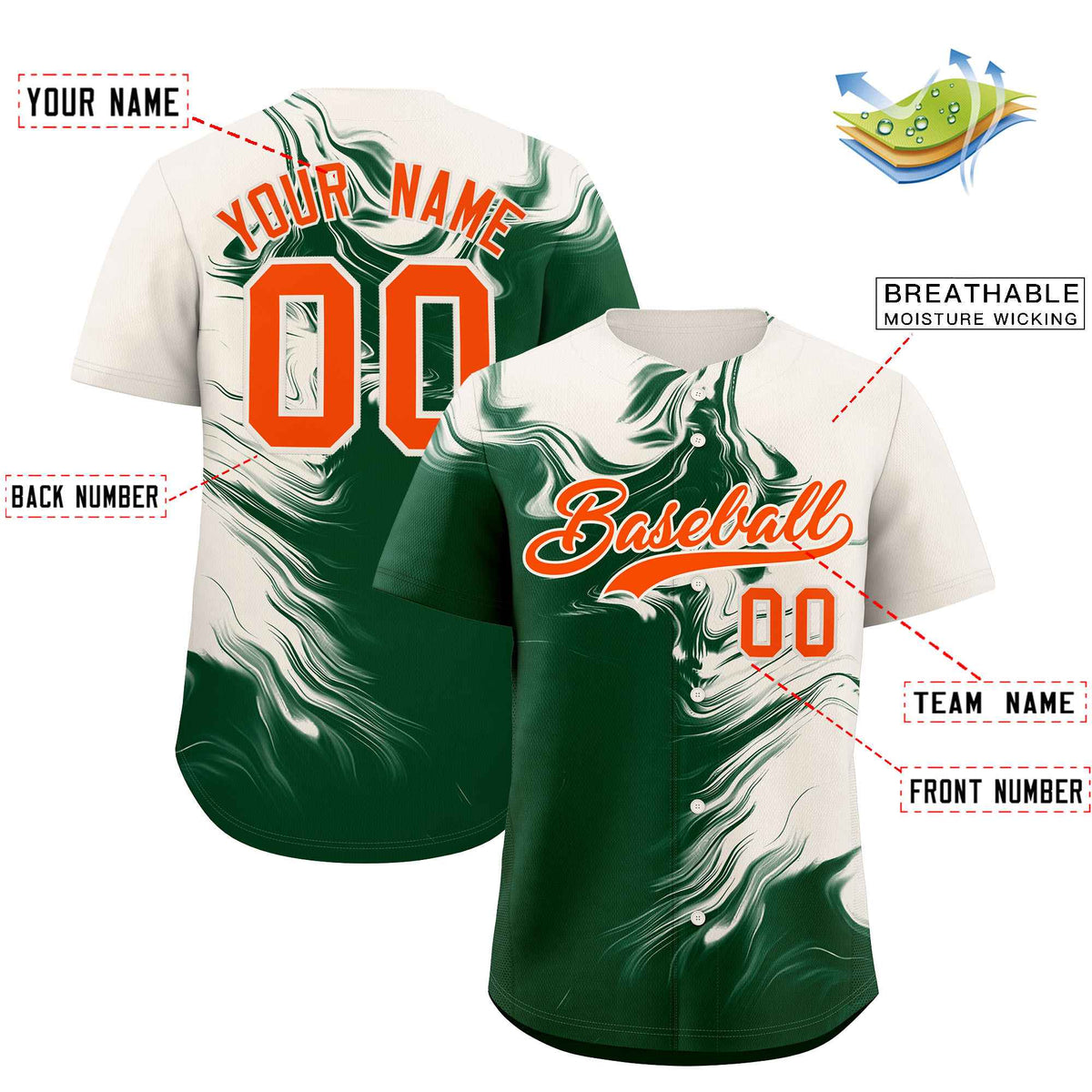 Custom Cream Green Personalized Ink Pattern Authentic Baseball Jersey| KXKSHOP