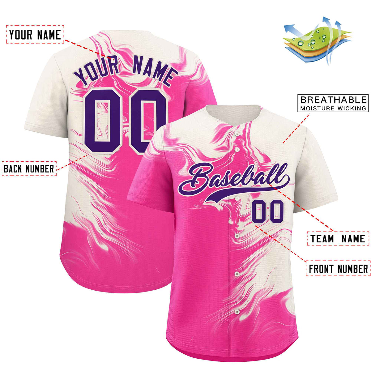 Custom Cream Pink Personalized Ink Pattern Authentic Baseball Jersey| KXKSHOP