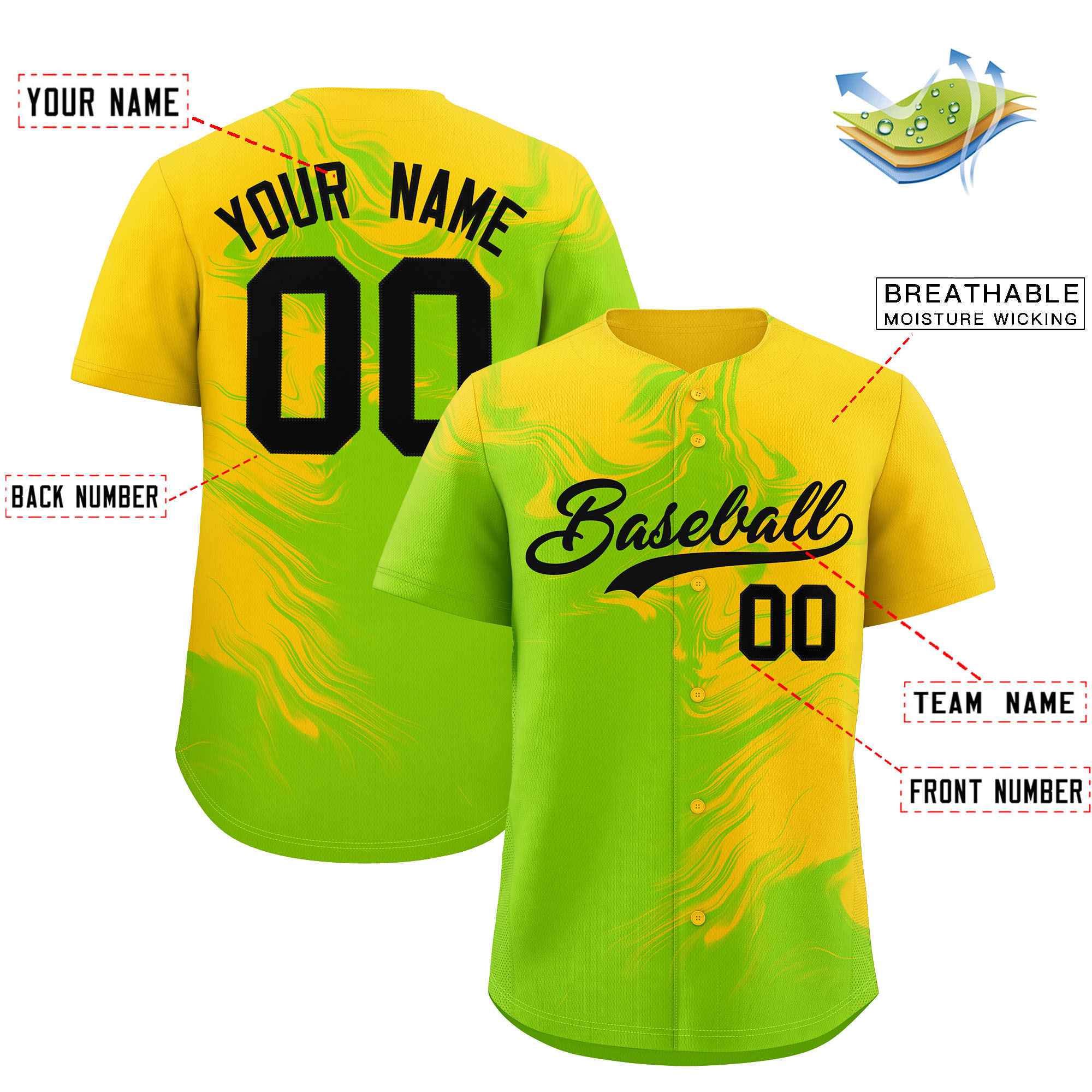 Custom Gold Neon Green Personalized Ink Pattern Authentic Baseball Jersey| KXKSHOP