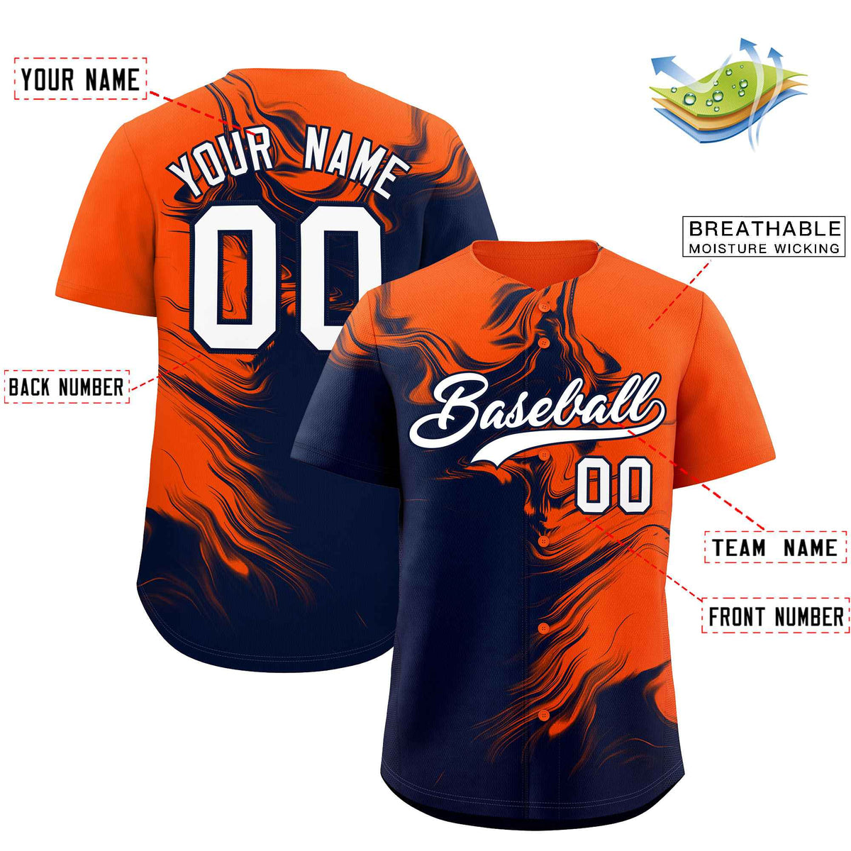Custom Orange Navy Personalized Ink Pattern Authentic Baseball Jersey| KXKSHOP
