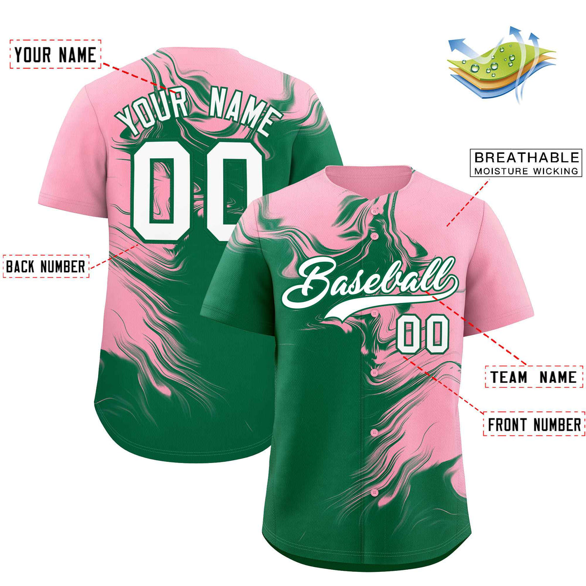 Custom Light Pink Kelly Green Personalized Ink Pattern Authentic Baseball Jersey| KXKSHOP