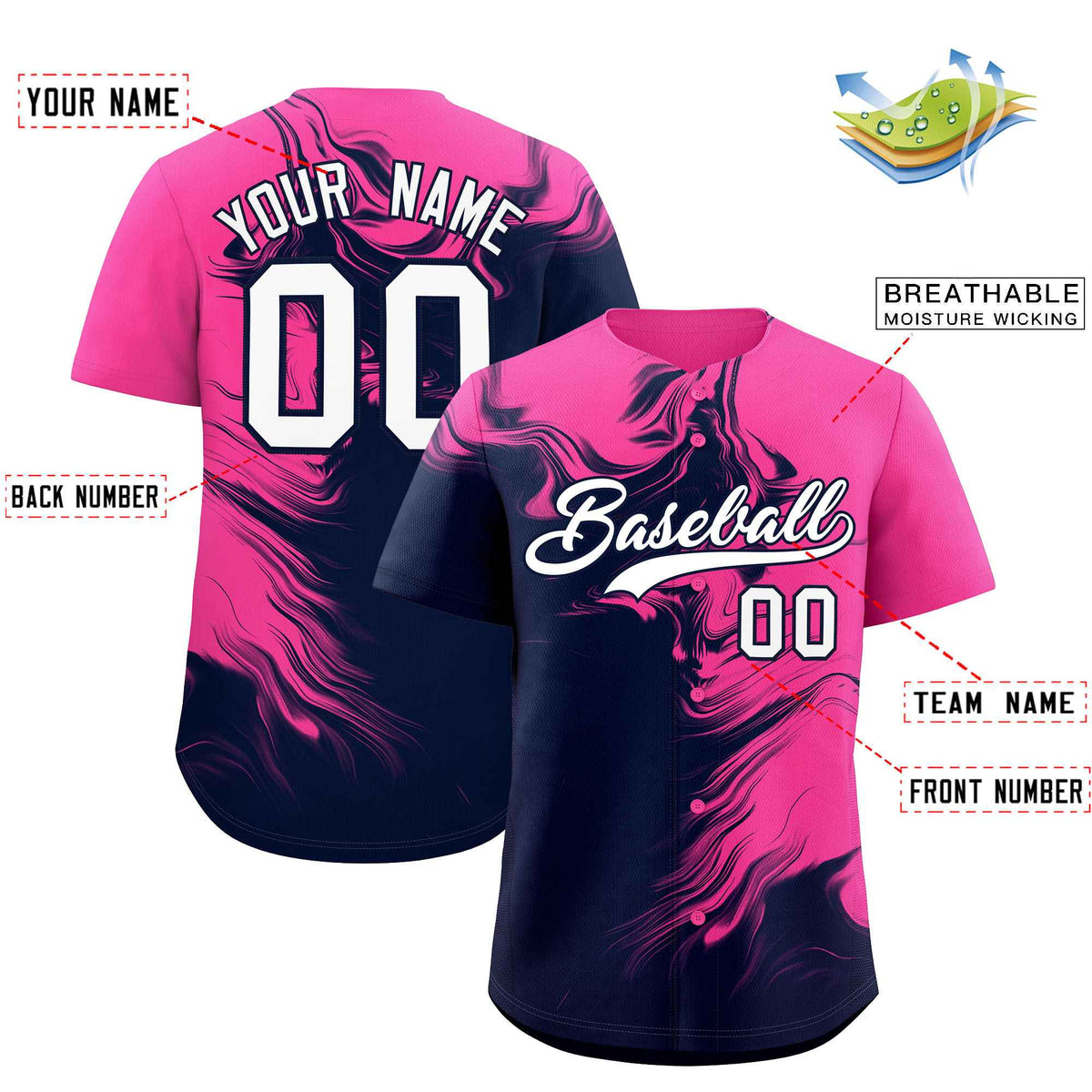 Custom Pink Navy Personalized Ink Pattern Authentic Baseball Jersey| KXKSHOP