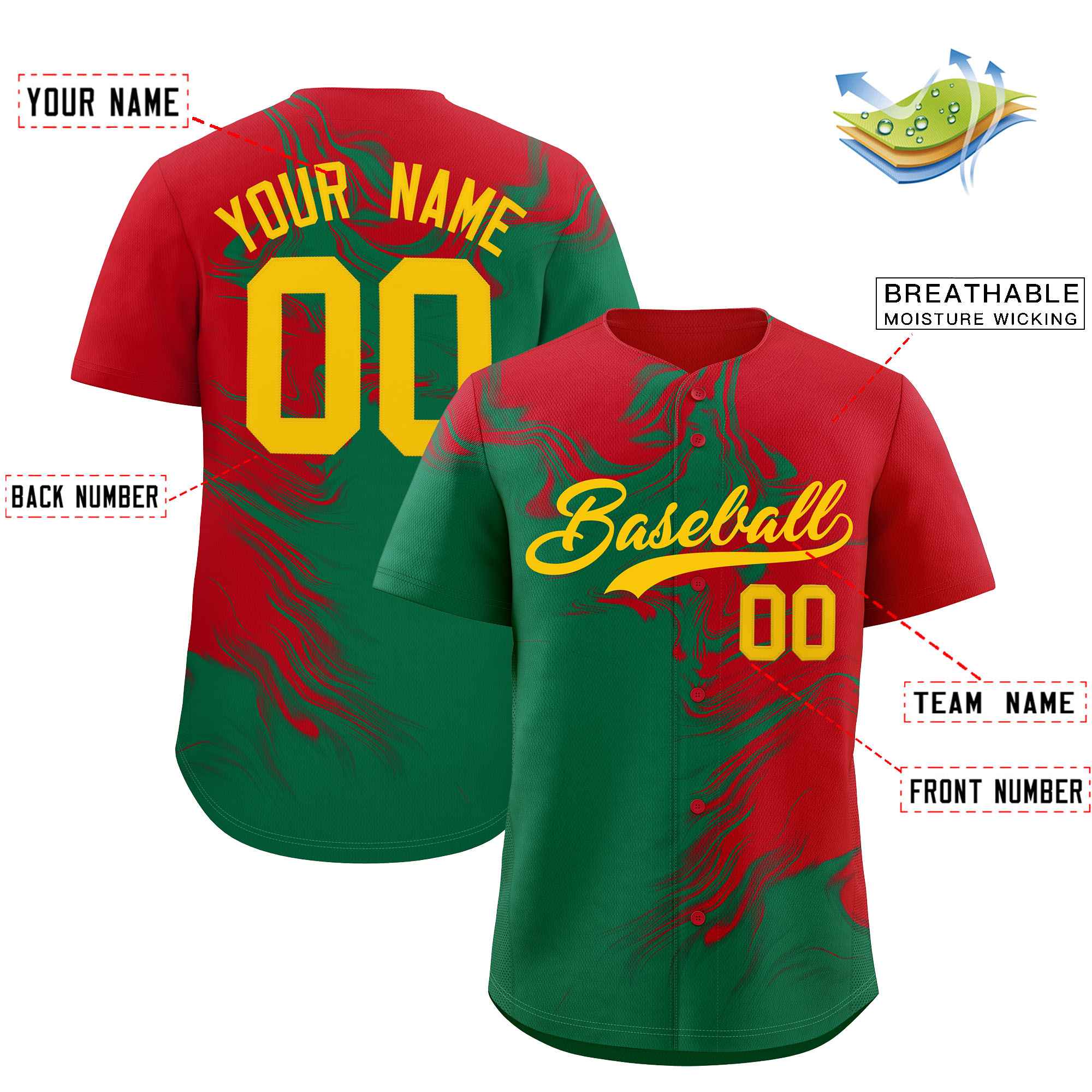 Custom Red Kelly Green Personalized Ink Pattern Authentic Baseball Jersey| KXKSHOP