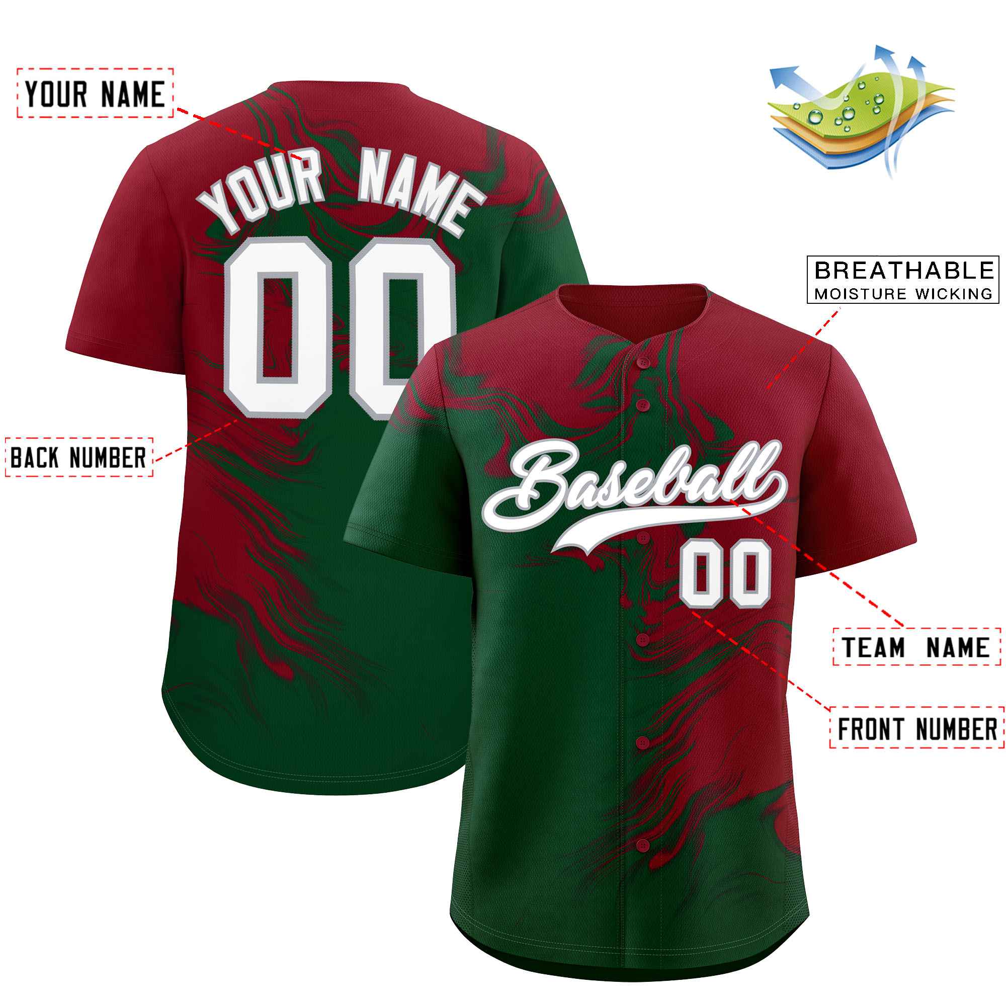Custom Crimson Green Personalized Ink Pattern Authentic Baseball Jersey| KXKSHOP