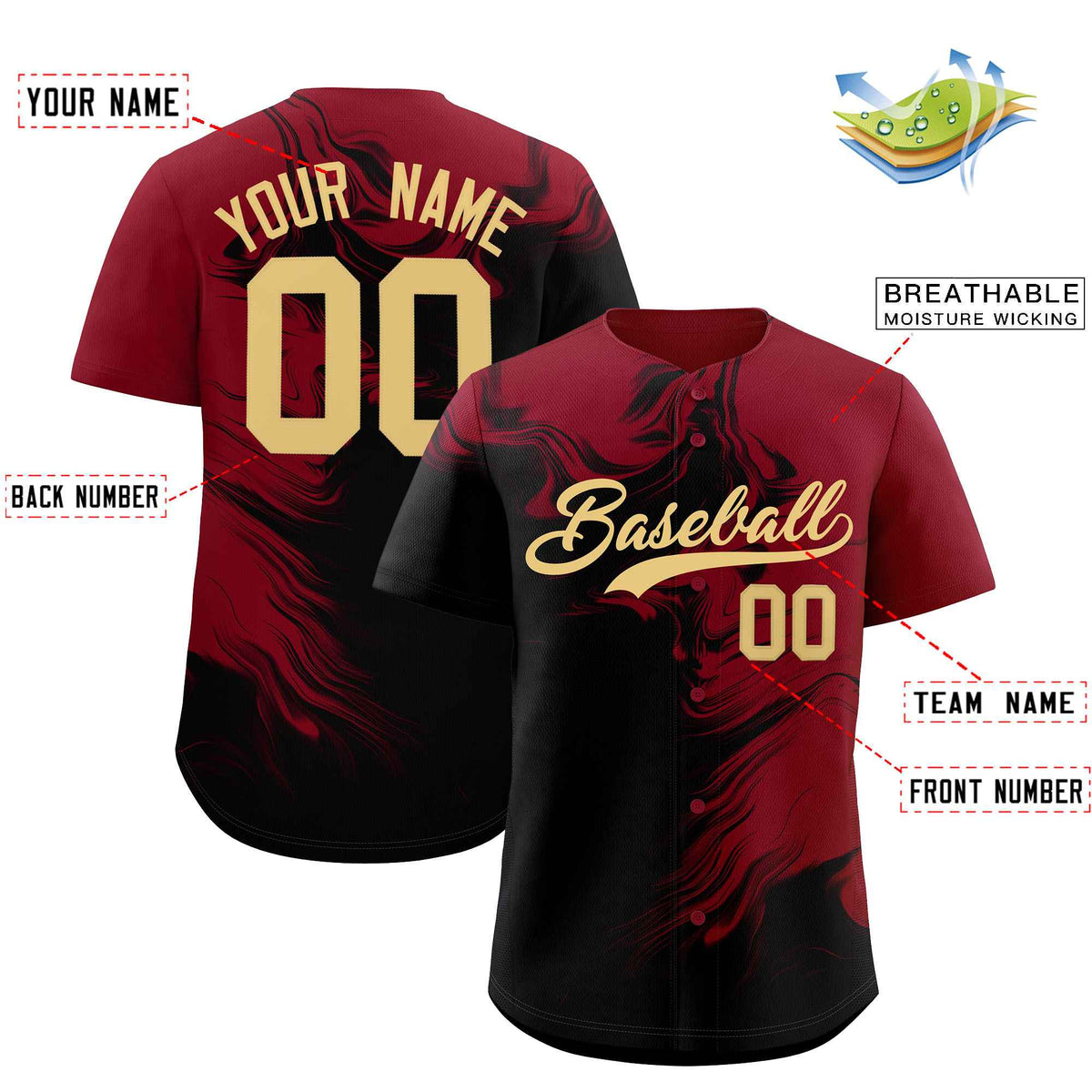 Custom Crimson Black Personalized Ink Pattern Authentic Baseball Jersey| KXKSHOP