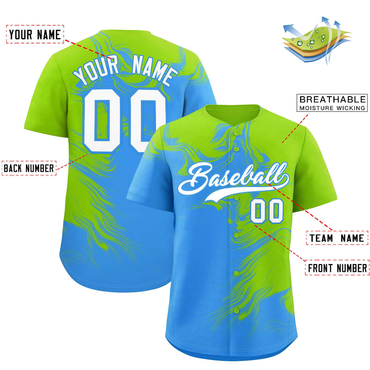 Custom Neon Green Powder Blue Personalized Ink Pattern Authentic Baseball Jersey| KXKSHOP