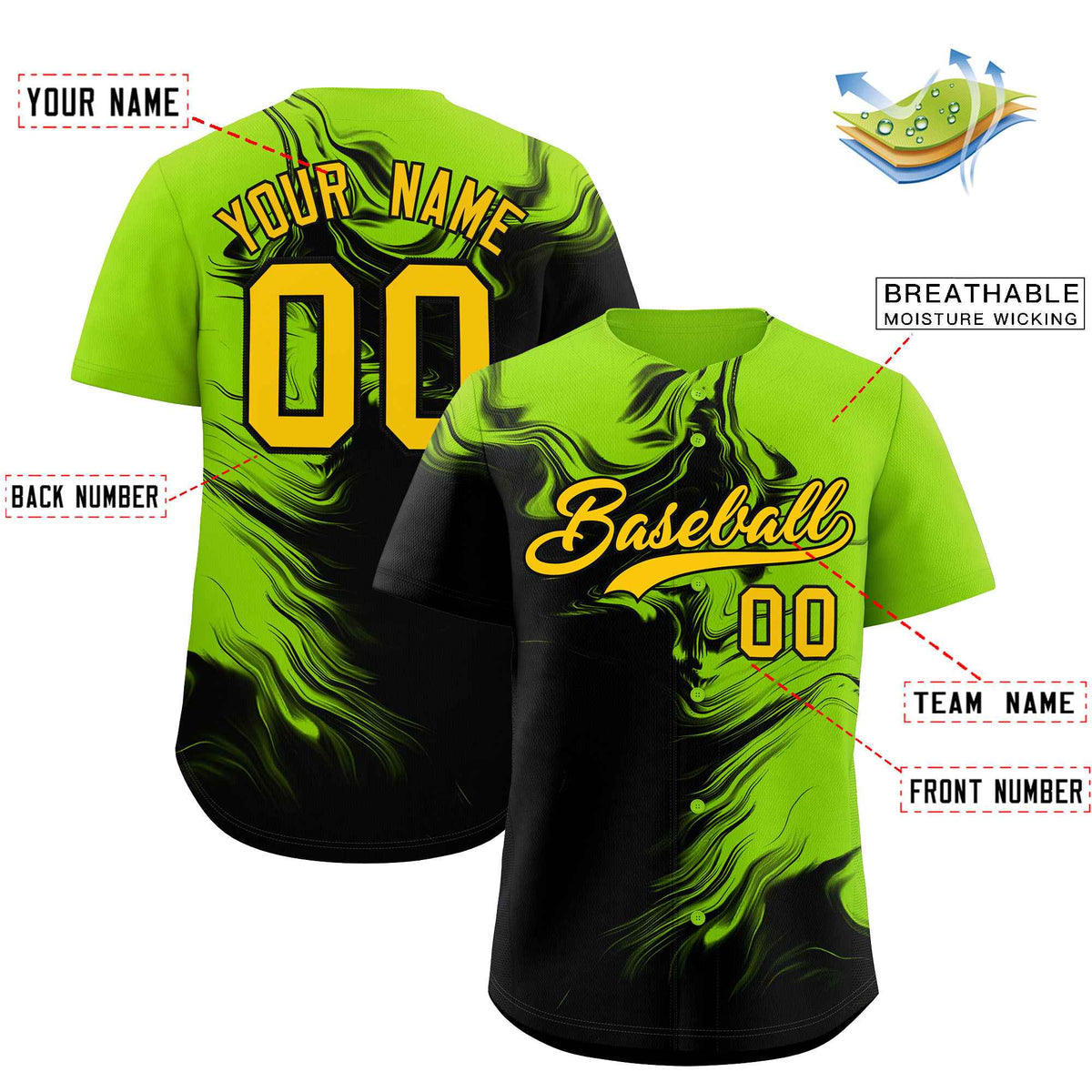 Custom Neon Green Black Personalized Ink Pattern Authentic Baseball Jersey| KXKSHOP