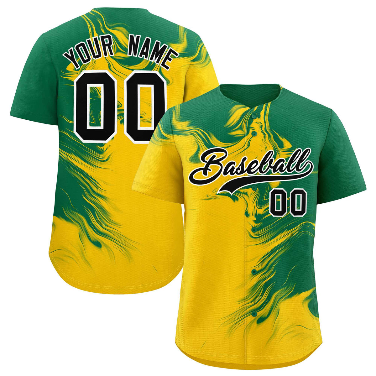 Custom Kelly Green Gold Personalized Ink Pattern Authentic Baseball Jersey| KXKSHOP