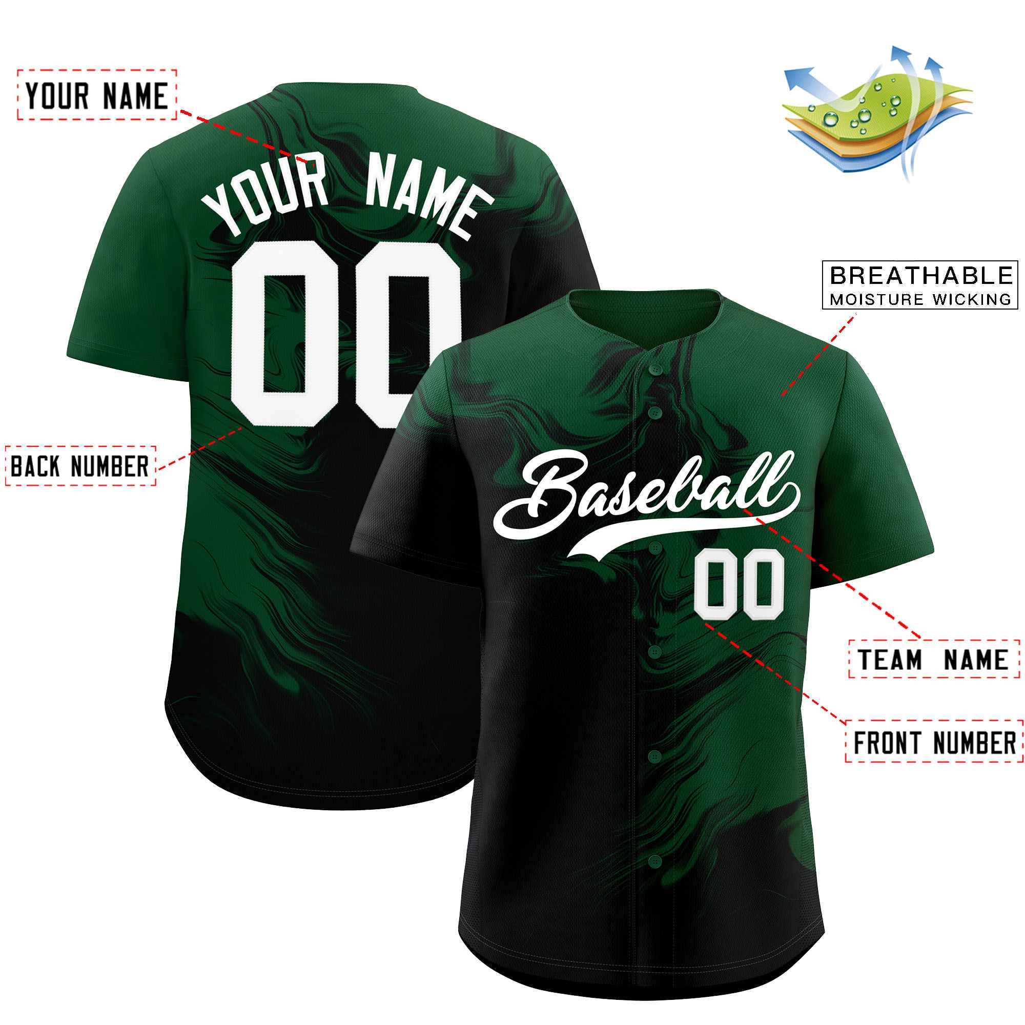 Custom Green Black Personalized Ink Pattern Authentic Baseball Jersey| KXKSHOP