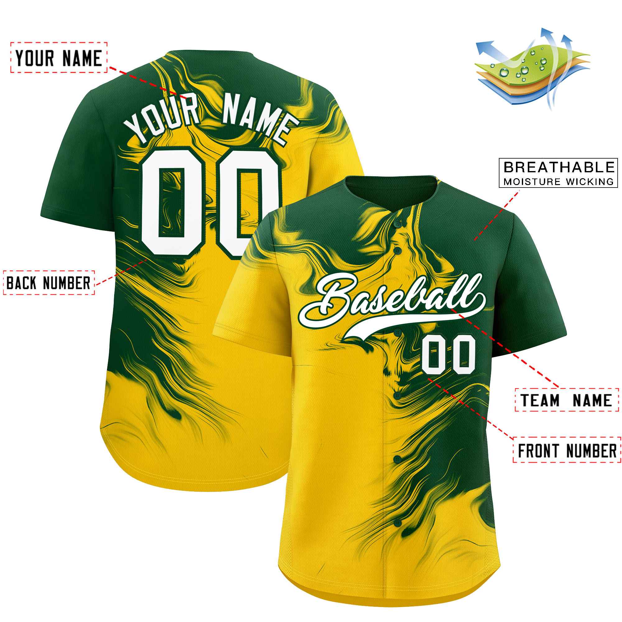 Custom Green Gold Personalized Ink Pattern Authentic Baseball Jersey| KXKSHOP