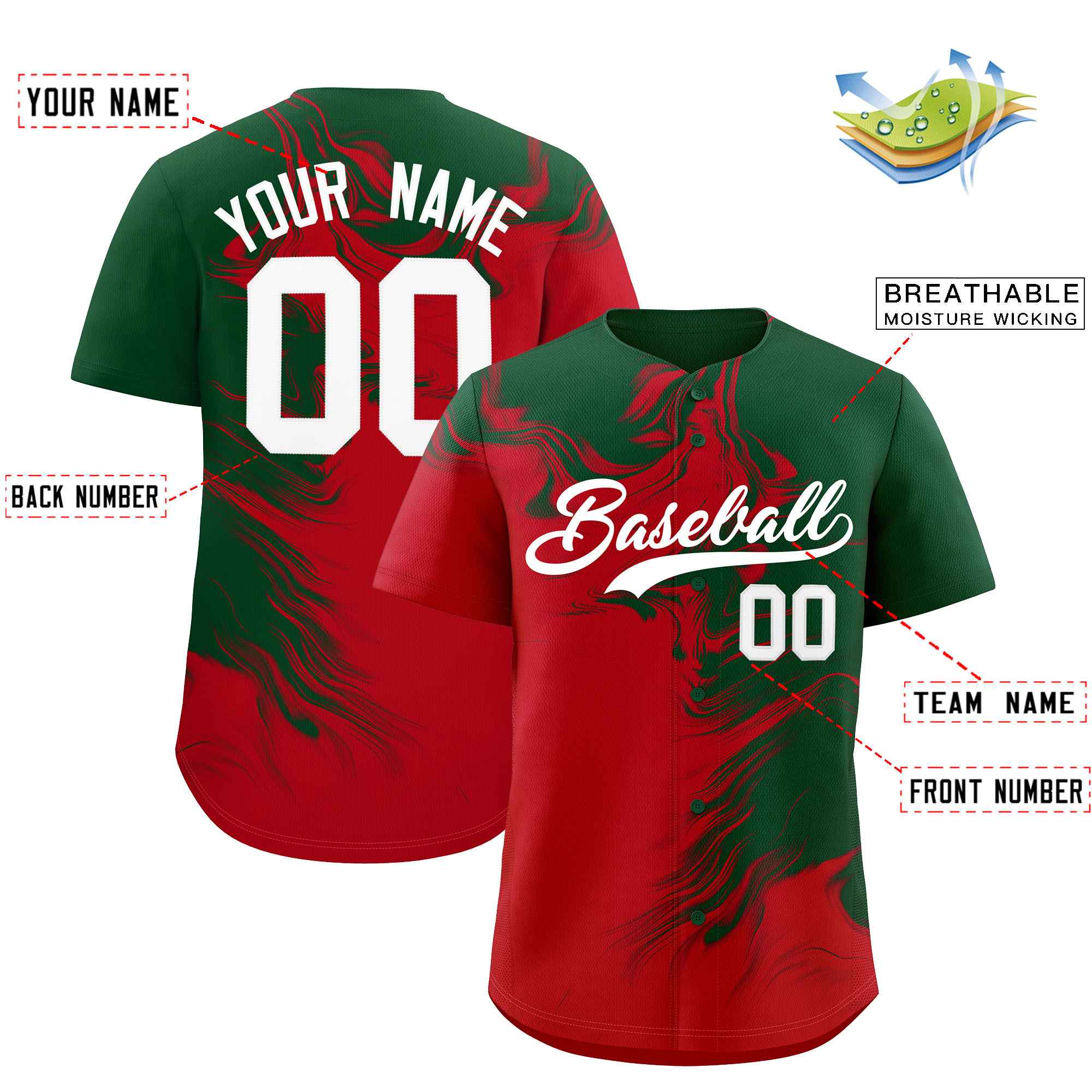 Custom Green Red Personalized Ink Pattern Authentic Baseball Jersey| KXKSHOP
