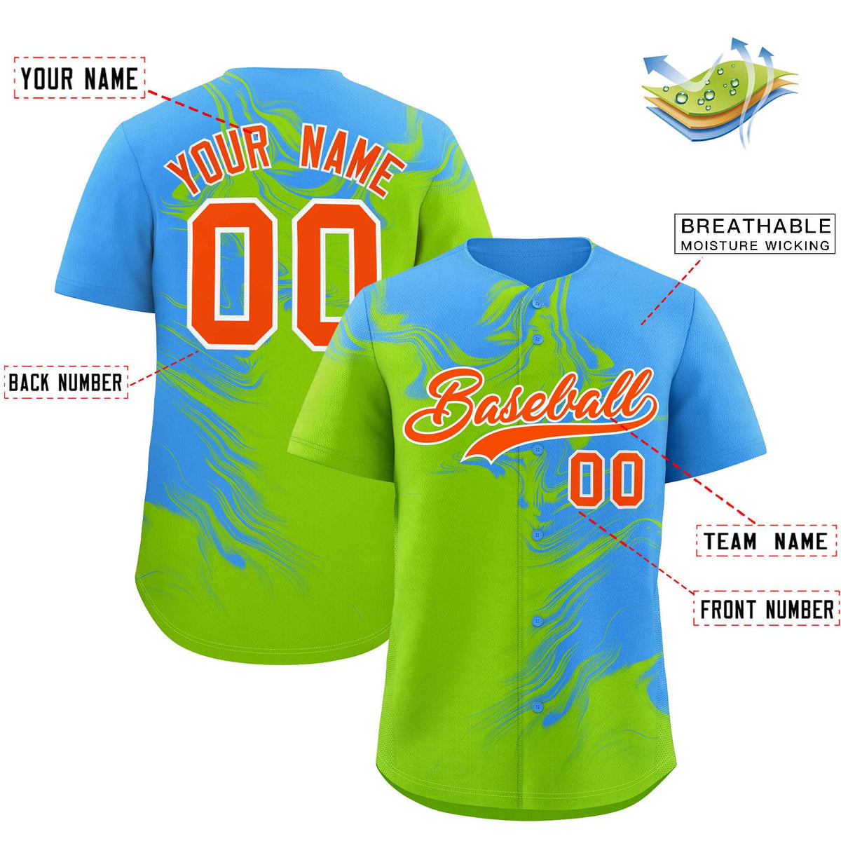 Custom Powder Blue Neon Green Personalized Ink Pattern Authentic Baseball Jersey| KXKSHOP