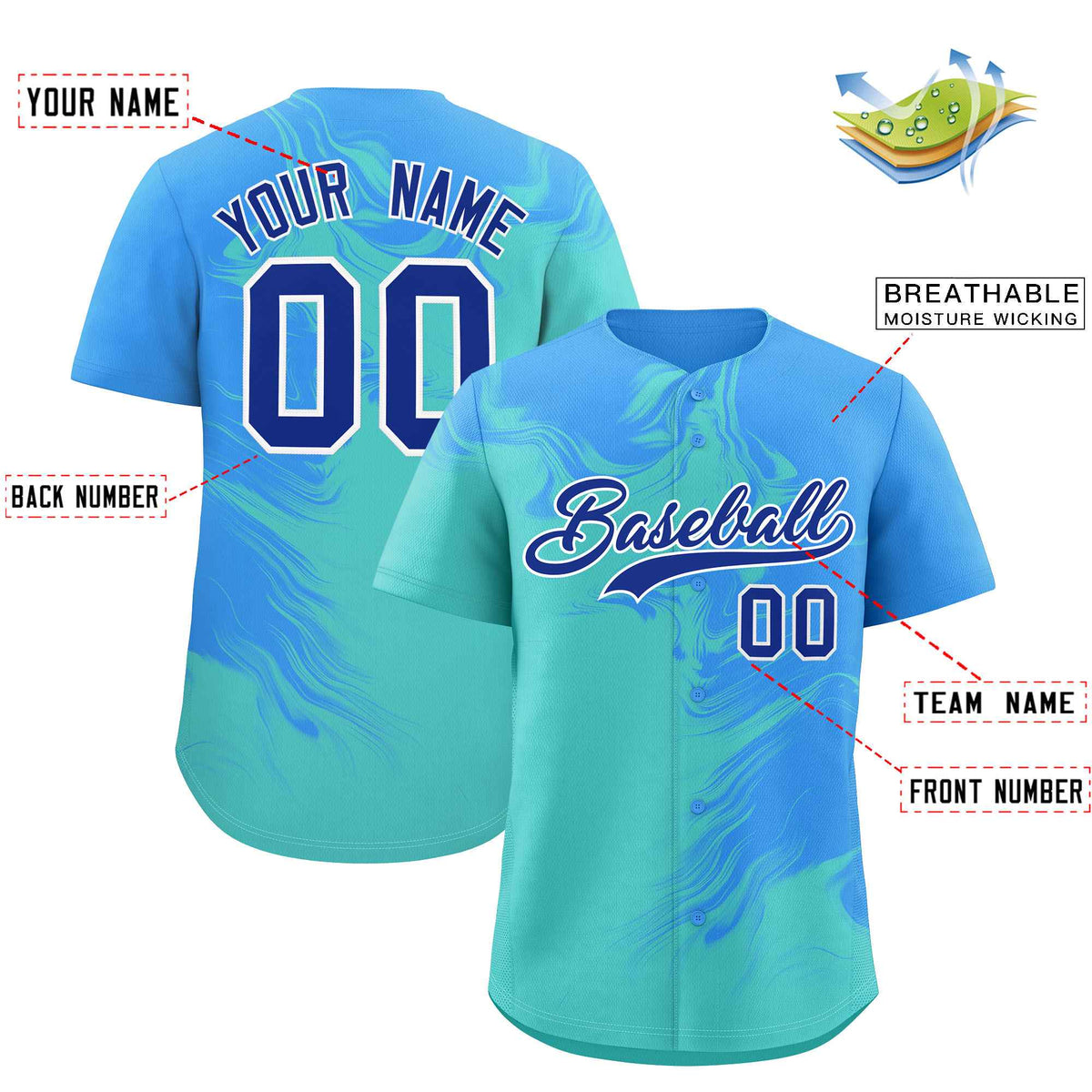 Custom Powder Blue Bright Green Personalized Ink Pattern Authentic Baseball Jersey| KXKSHOP
