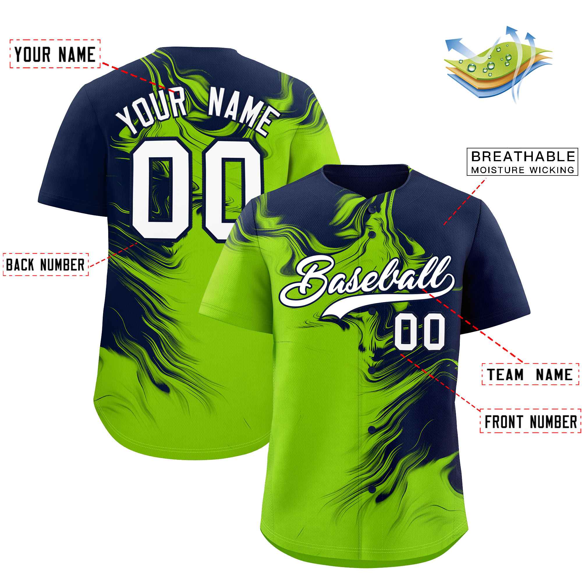 Custom Navy Neon Green Personalized Ink Pattern Authentic Baseball Jersey| KXKSHOP