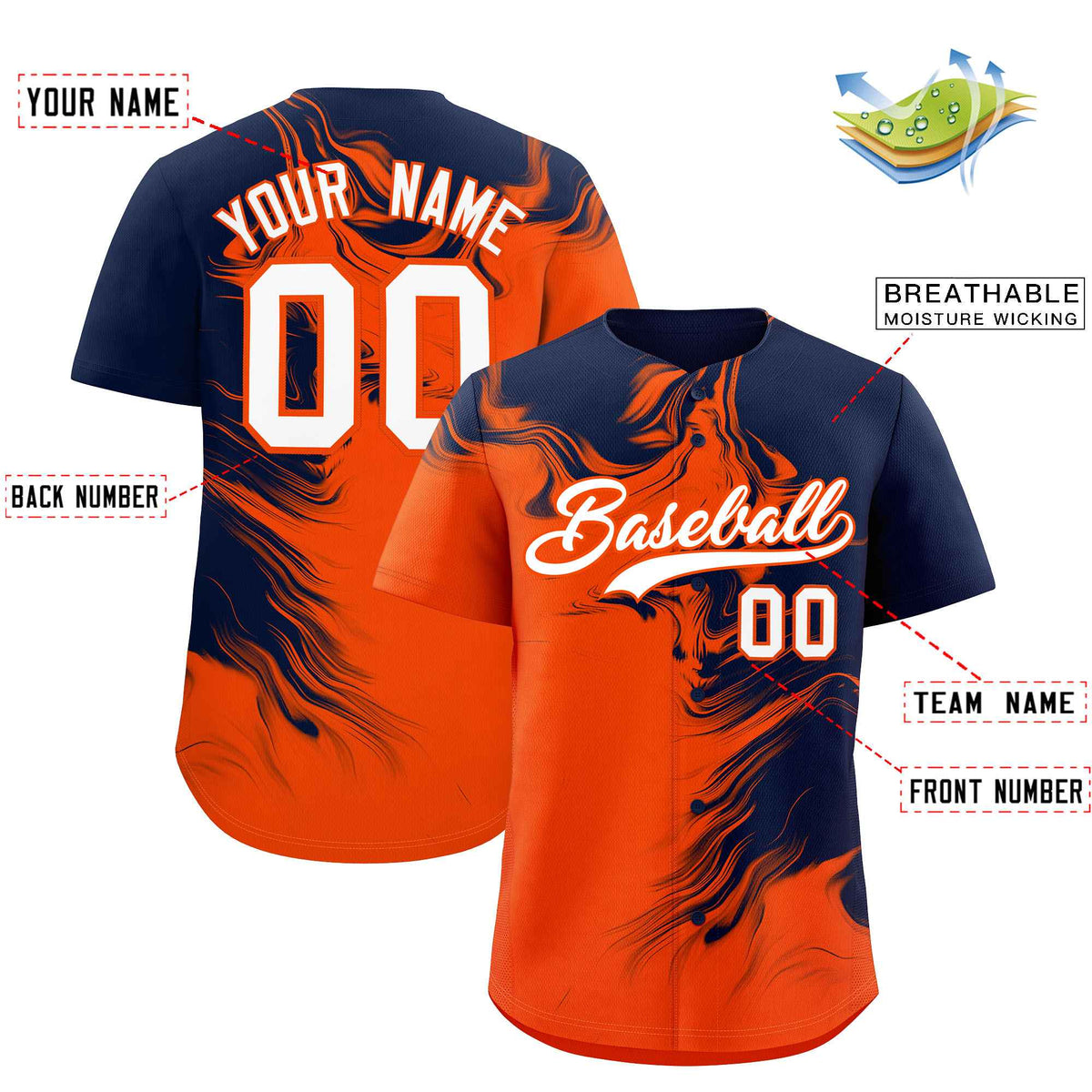 Custom Navy Orange Personalized Ink Pattern Authentic Baseball Jersey| KXKSHOP