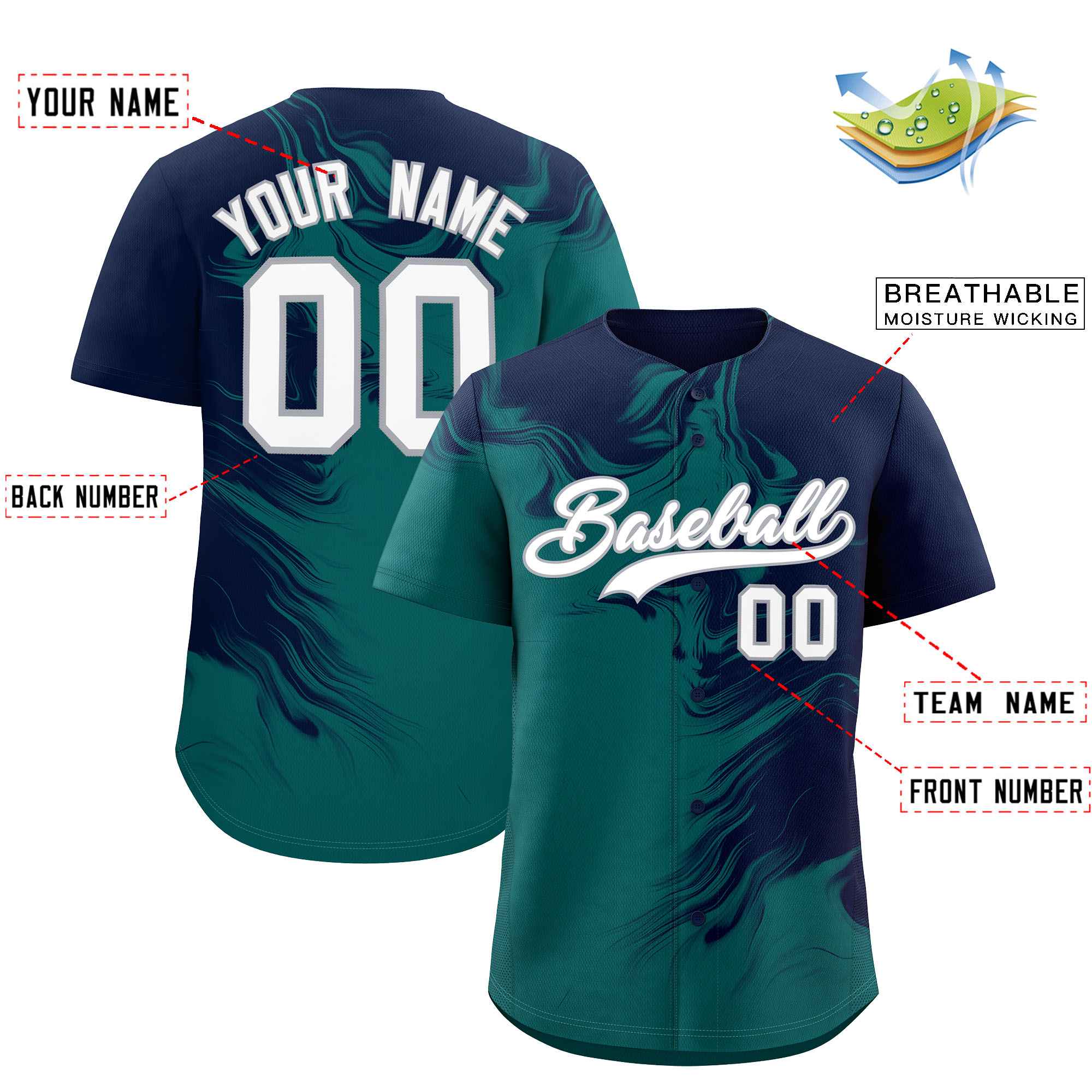 Custom Navy Aqua Personalized Ink Pattern Authentic Baseball Jersey| KXKSHOP